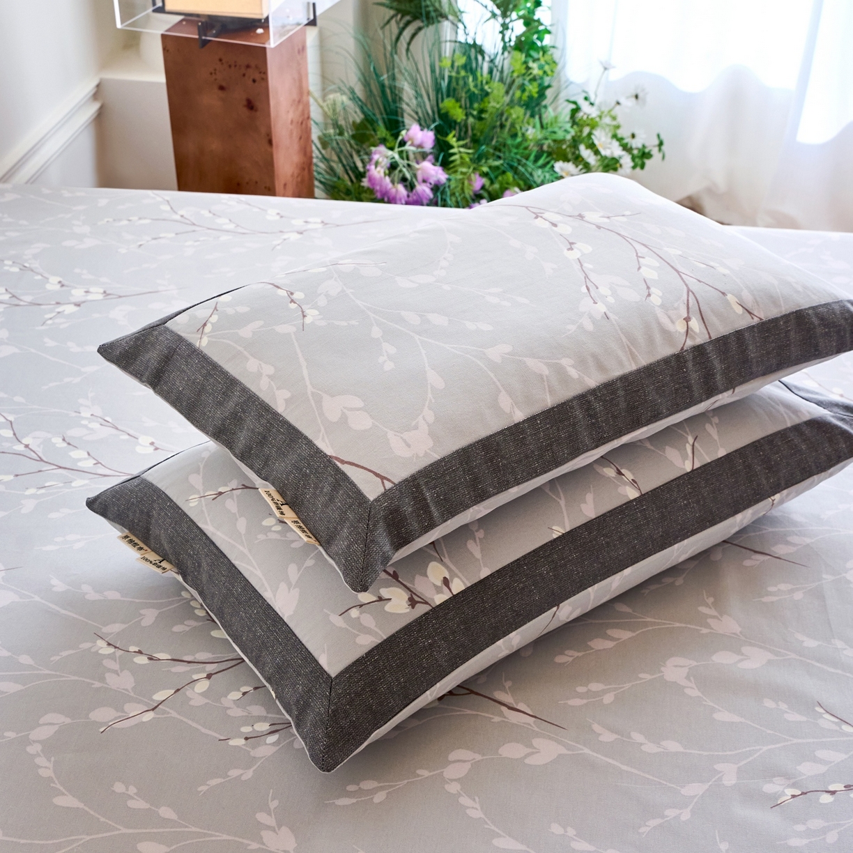 91家纺网 家纺一手货源 找家纺 春皖家纺 2026新款全棉老粗布工艺款单枕套枕套单件 枝丫