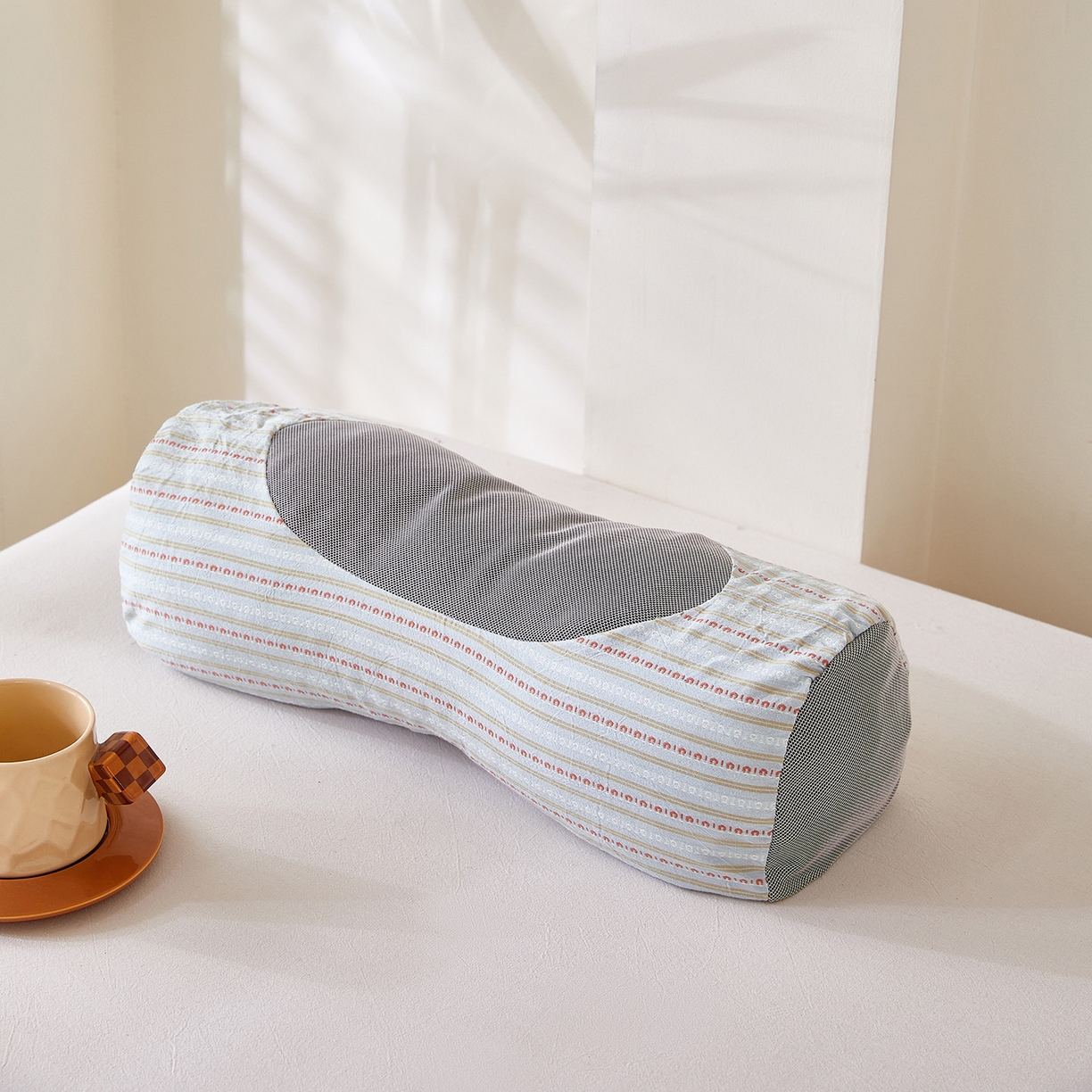 梦叶草 2026新款全棉3D条纹网面透气荞麦枕头护颈枕芯 全棉条纹3D网面荞麦枕-浅蓝