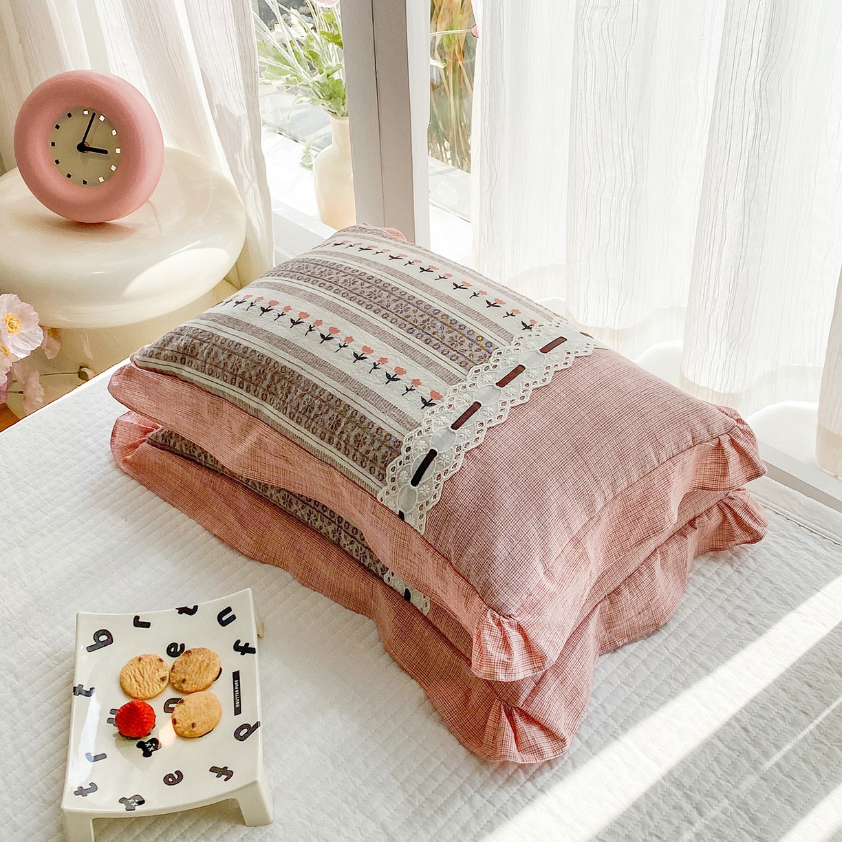 91家纺网 家纺一手货源 找家纺 （总）梦叶草 2026新款全棉双层纱花边荞麦枕公主风荞麦枕头