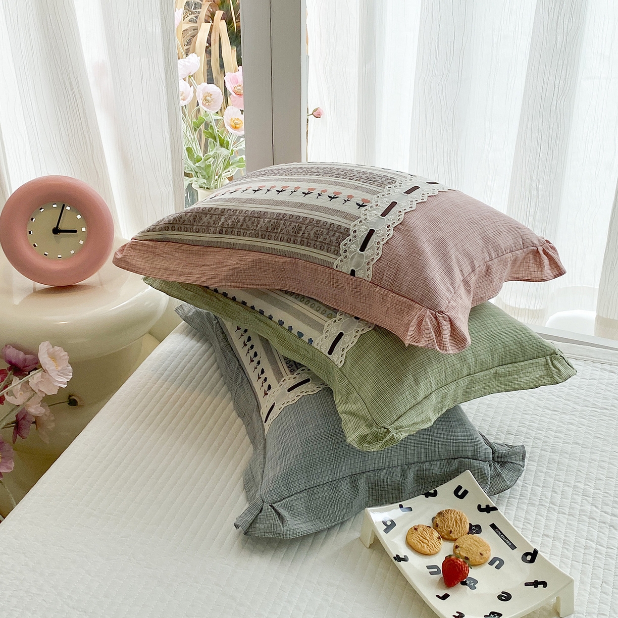 91家纺网 家纺一手货源 找家纺 （总）梦叶草 2026新款全棉双层纱花边荞麦枕公主风荞麦枕头