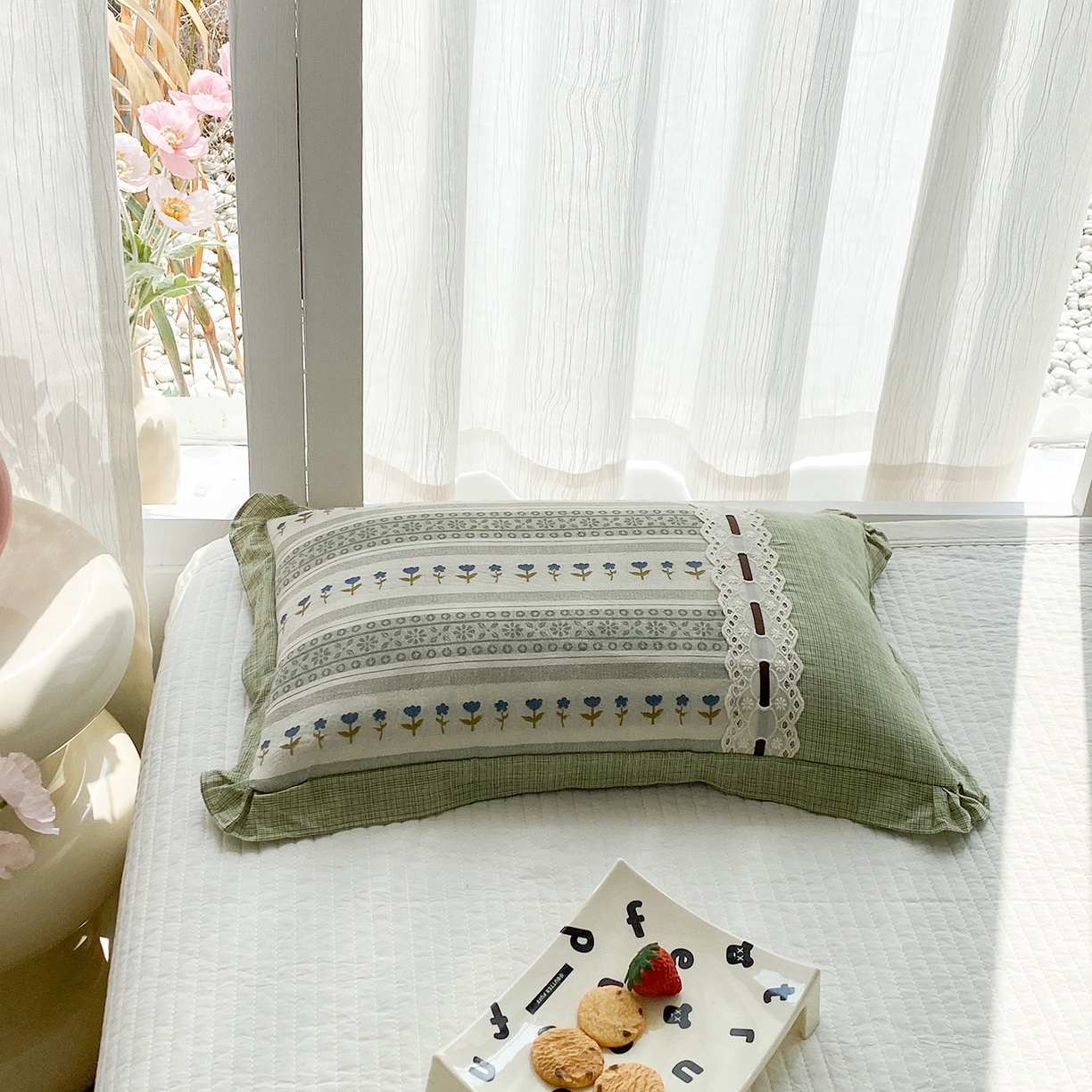 91家纺网 家纺一手货源 找家纺 梦叶草 2026新款全棉双层纱花边荞麦枕公主风荞麦枕头 全棉双层纱公主风荞麦枕-绿色