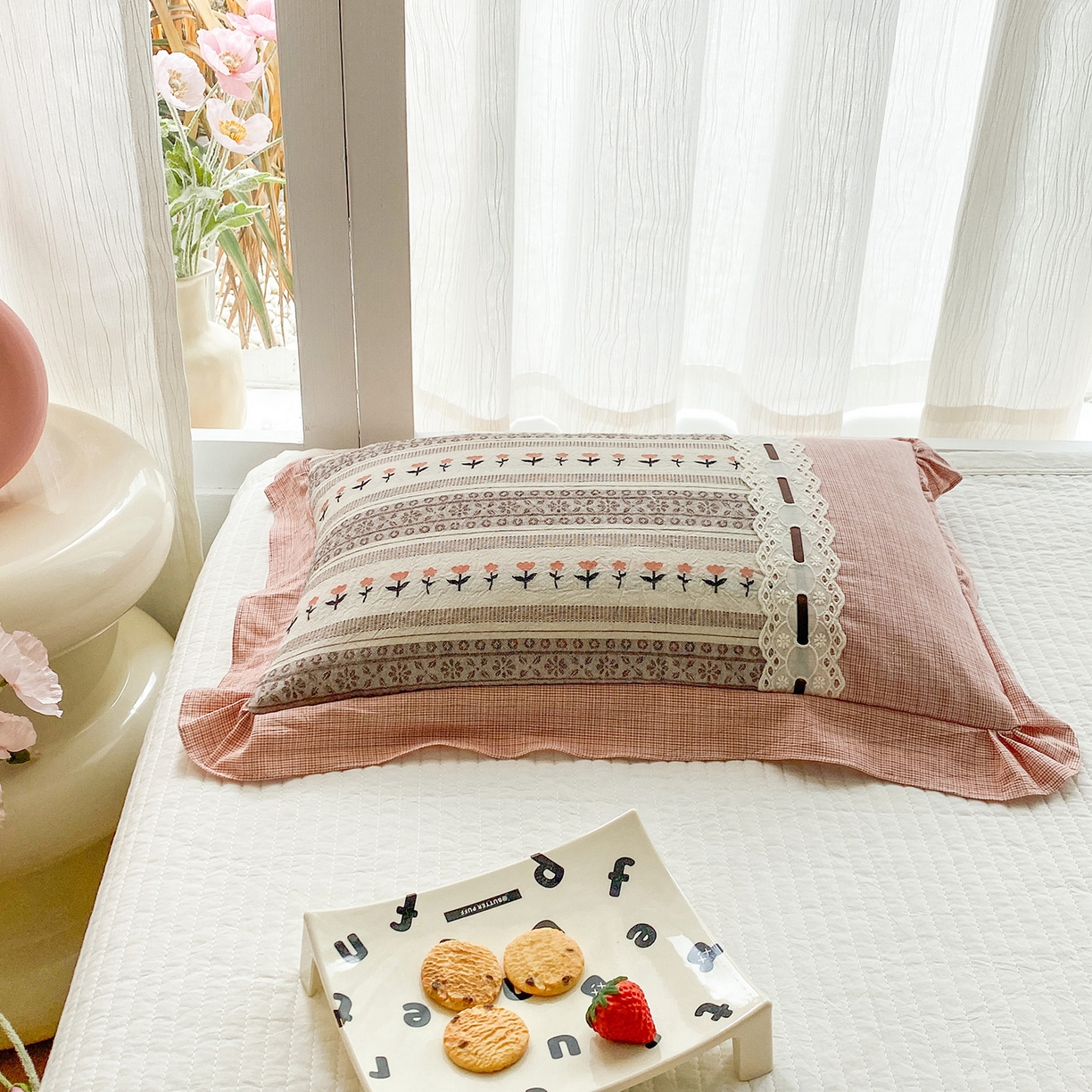 91家纺网 家纺一手货源 找家纺 梦叶草 2026新款全棉双层纱花边荞麦枕公主风荞麦枕头 全棉双层纱公主风荞麦枕-粉色