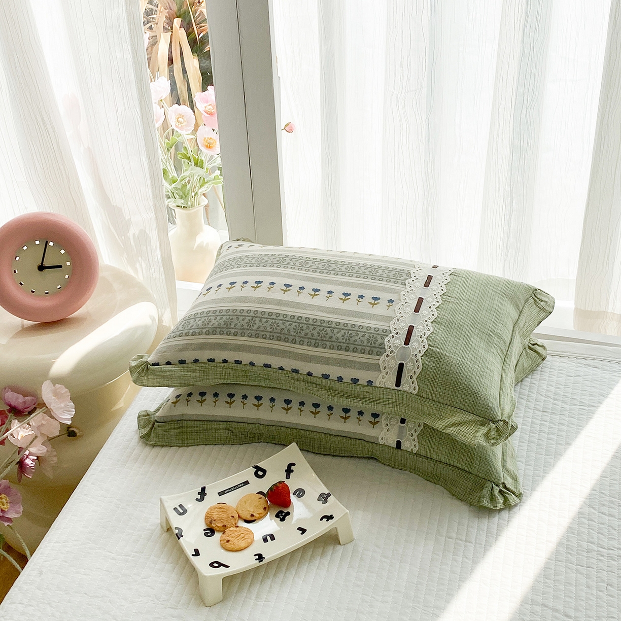 91家纺网 家纺一手货源 找家纺 梦叶草 2026新款全棉双层纱花边荞麦枕公主风荞麦枕头 全棉双层纱公主风荞麦枕-绿色