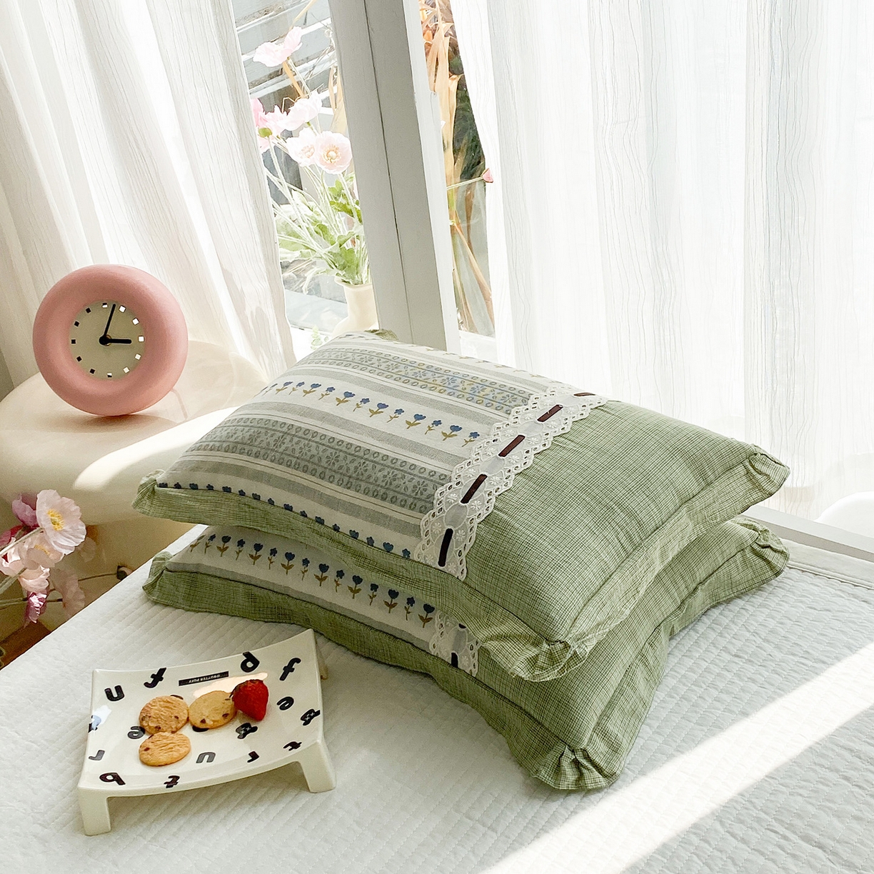 梦叶草 2026新款全棉双层纱花边荞麦枕公主风荞麦枕头 全棉双层纱公主风荞麦枕-绿色