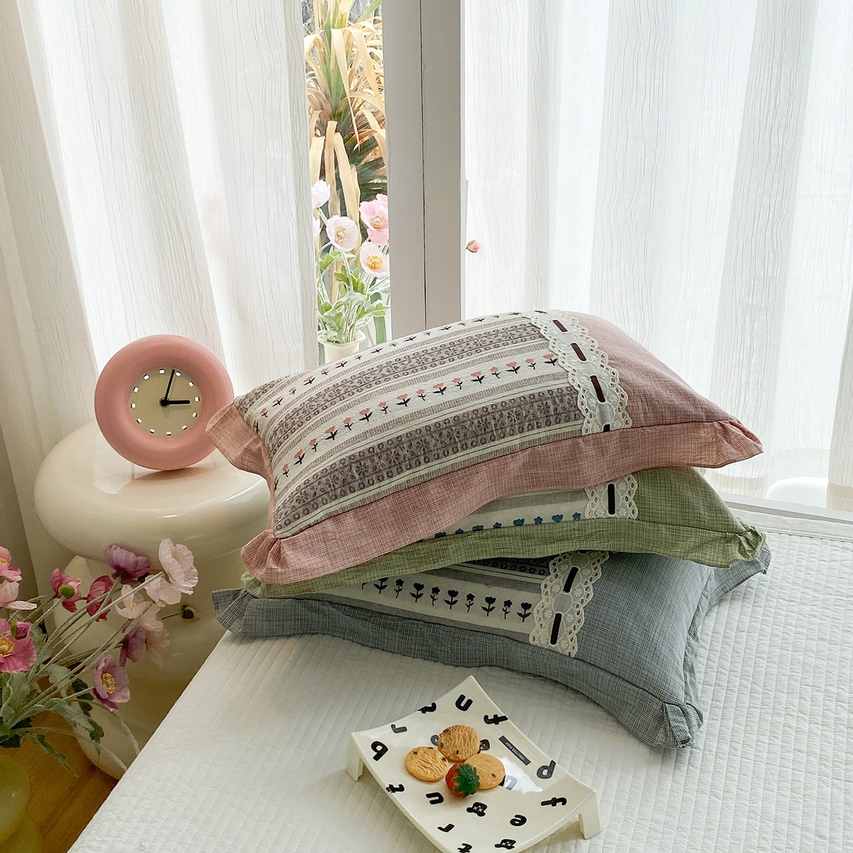 91家纺网 家纺一手货源 找家纺 梦叶草 2026新款全棉双层纱花边荞麦枕公主风荞麦枕头 全棉双层纱公主风荞麦枕-灰色