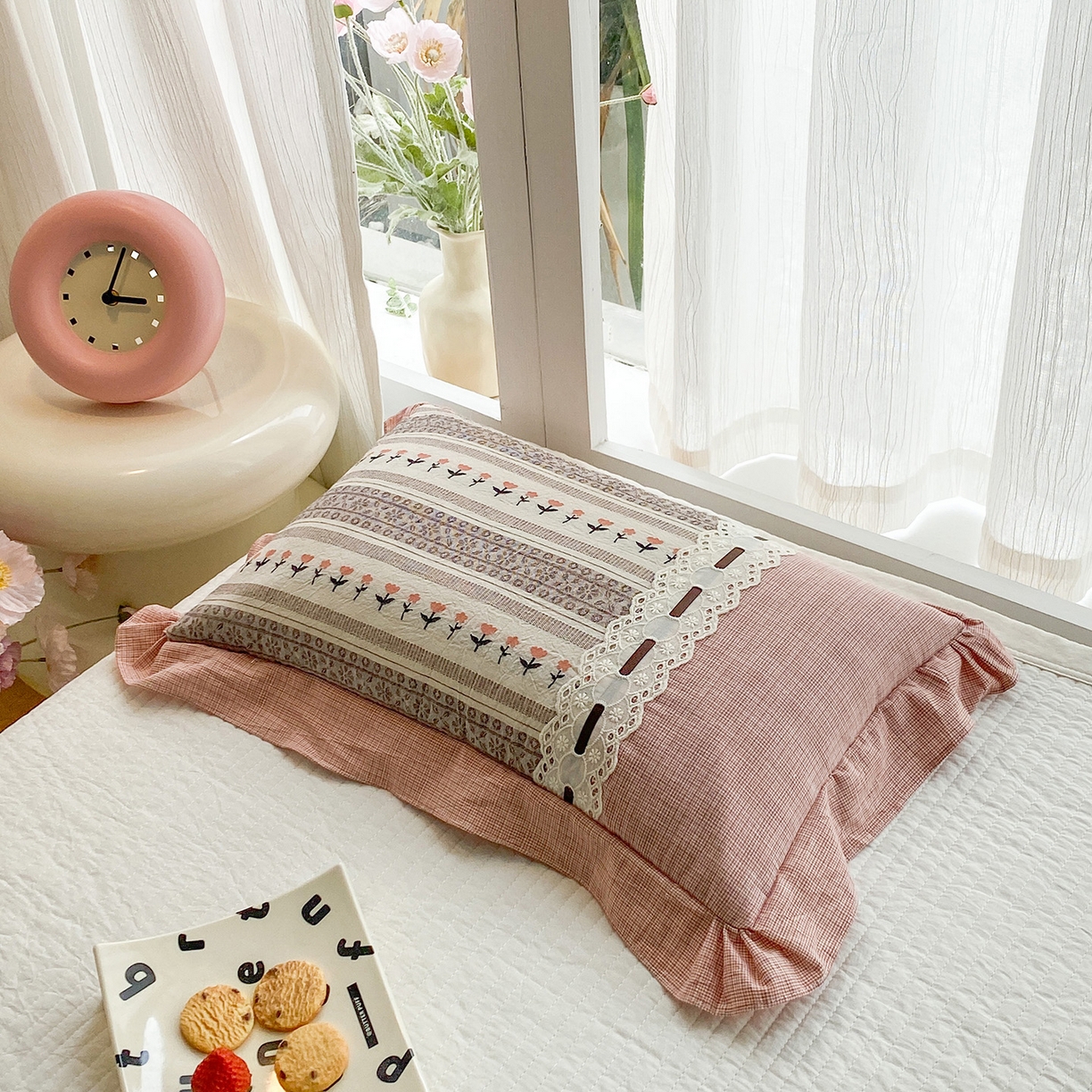 91家纺网 家纺一手货源 找家纺 梦叶草 2026新款全棉双层纱花边荞麦枕公主风荞麦枕头 全棉双层纱公主风荞麦枕-粉色