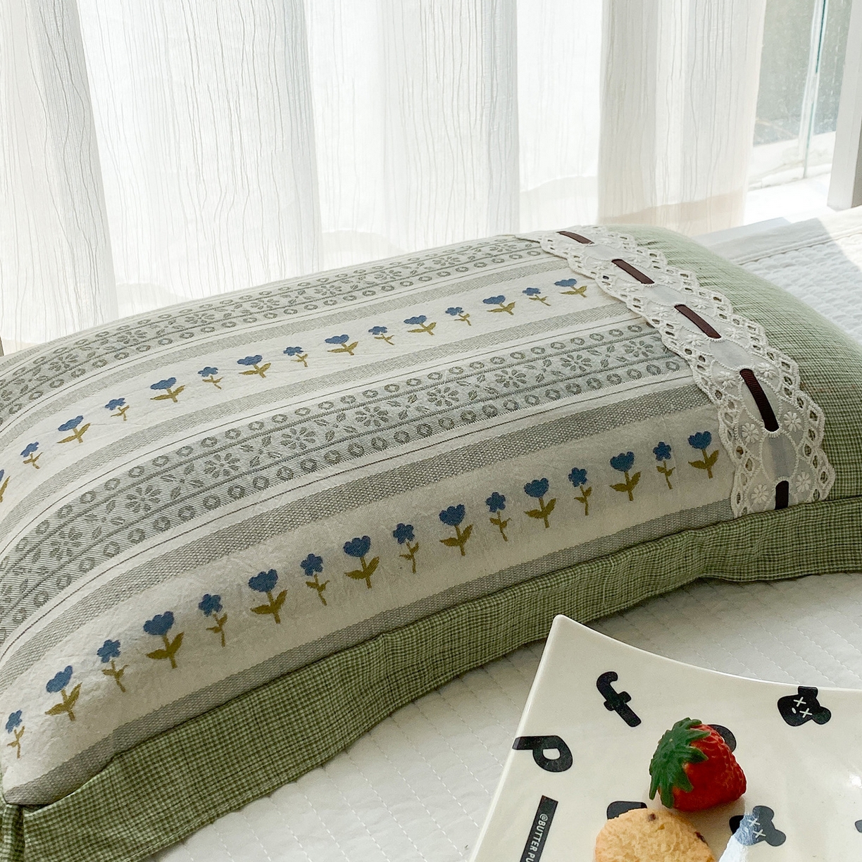 91家纺网 家纺一手货源 找家纺 梦叶草 2026新款全棉双层纱花边荞麦枕公主风荞麦枕头 全棉双层纱公主风荞麦枕-绿色