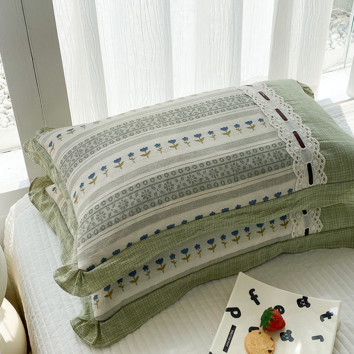 91家纺网 家纺一手货源 找家纺 梦叶草 2026新款全棉双层纱花边荞麦枕公主风荞麦枕头 全棉双层纱公主风荞麦枕-绿色