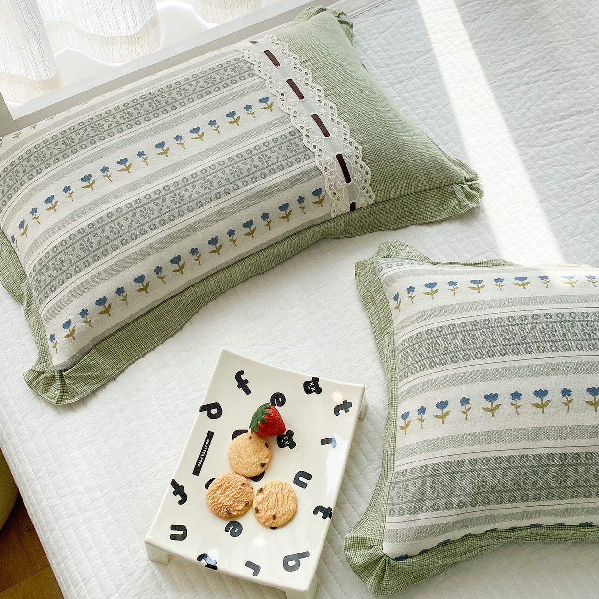 91家纺网 家纺一手货源 找家纺 梦叶草 2026新款全棉双层纱花边荞麦枕公主风荞麦枕头 全棉双层纱公主风荞麦枕-绿色