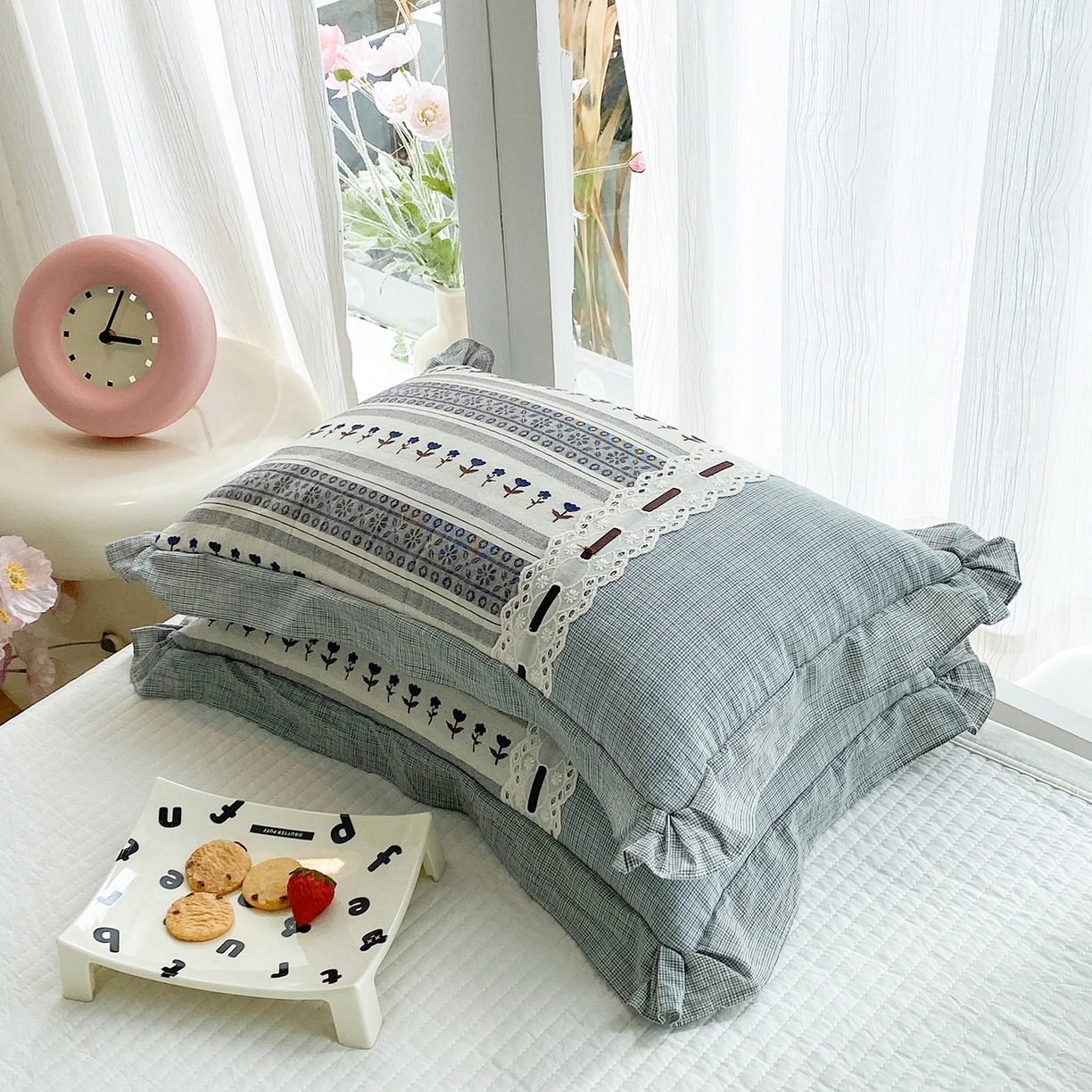 梦叶草 2026新款全棉双层纱花边荞麦枕公主风荞麦枕头 全棉双层纱公主风荞麦枕-灰色