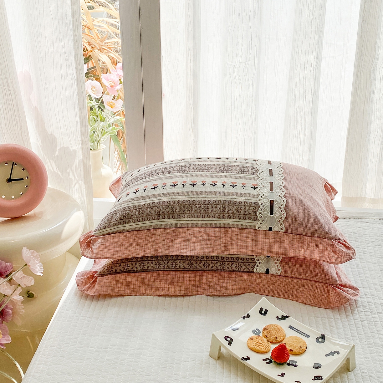 91家纺网 家纺一手货源 找家纺 梦叶草 2026新款全棉双层纱花边荞麦枕公主风荞麦枕头 全棉双层纱公主风荞麦枕-粉色