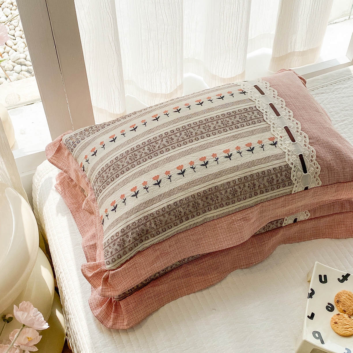 91家纺网 家纺一手货源 找家纺 梦叶草 2026新款全棉双层纱花边荞麦枕公主风荞麦枕头 全棉双层纱公主风荞麦枕-粉色