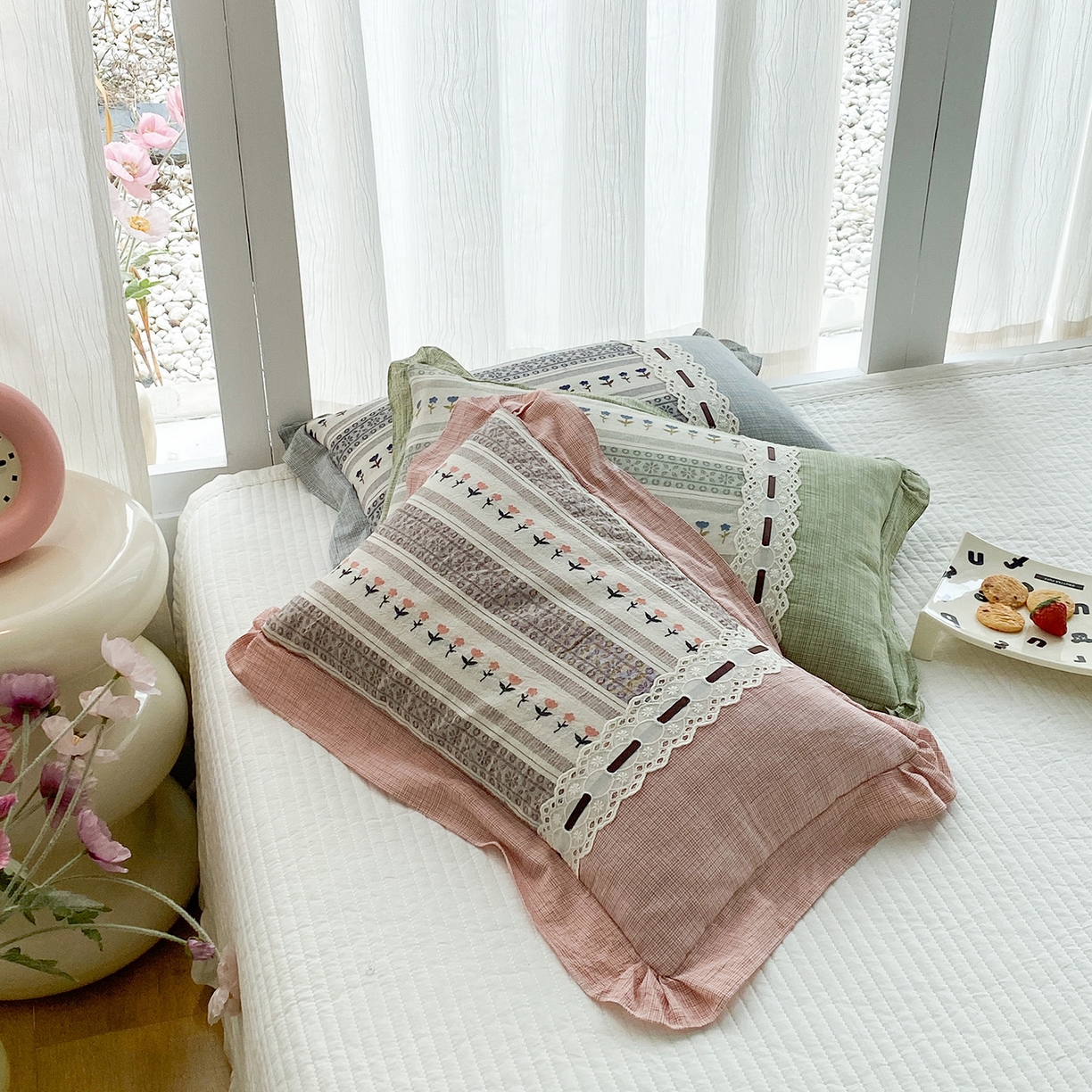 91家纺网 家纺一手货源 找家纺 梦叶草 2026新款全棉双层纱花边荞麦枕公主风荞麦枕头 全棉双层纱公主风荞麦枕-灰色