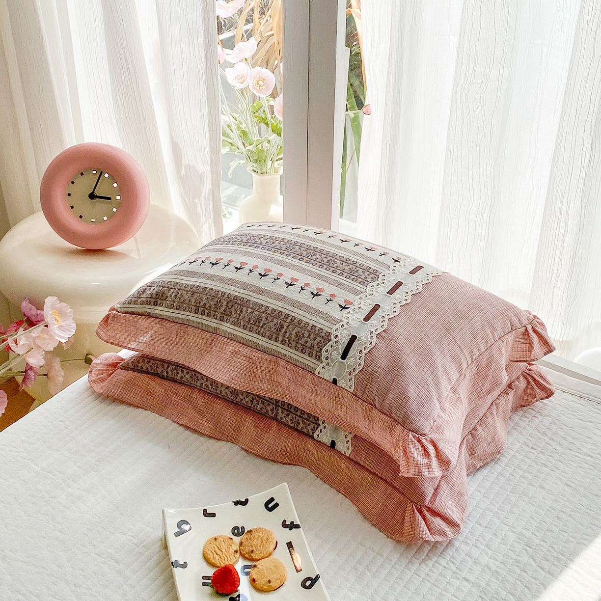 91家纺网 家纺一手货源 找家纺 梦叶草 2026新款全棉双层纱花边荞麦枕公主风荞麦枕头 全棉双层纱公主风荞麦枕-粉色