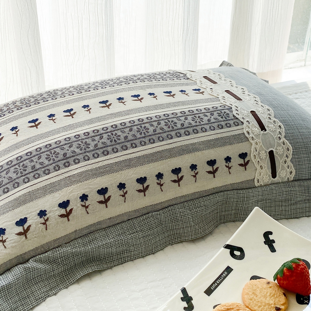 91家纺网 家纺一手货源 找家纺 梦叶草 2026新款全棉双层纱花边荞麦枕公主风荞麦枕头 全棉双层纱公主风荞麦枕-灰色