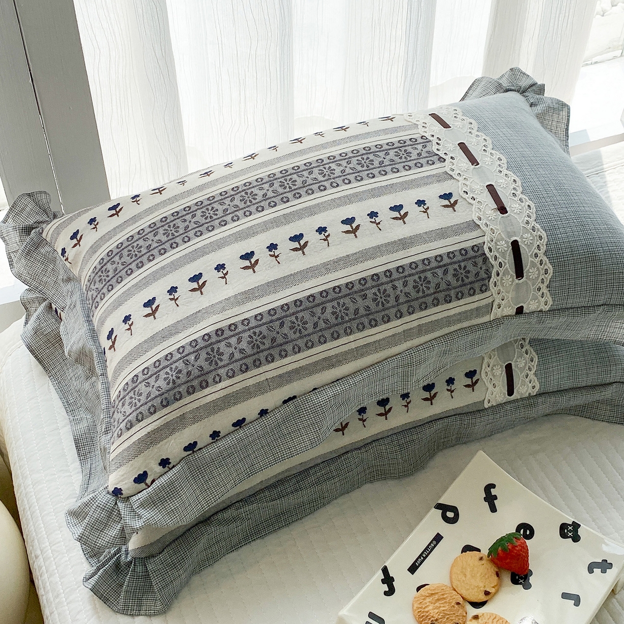 91家纺网 家纺一手货源 找家纺 梦叶草 2026新款全棉双层纱花边荞麦枕公主风荞麦枕头 全棉双层纱公主风荞麦枕-灰色