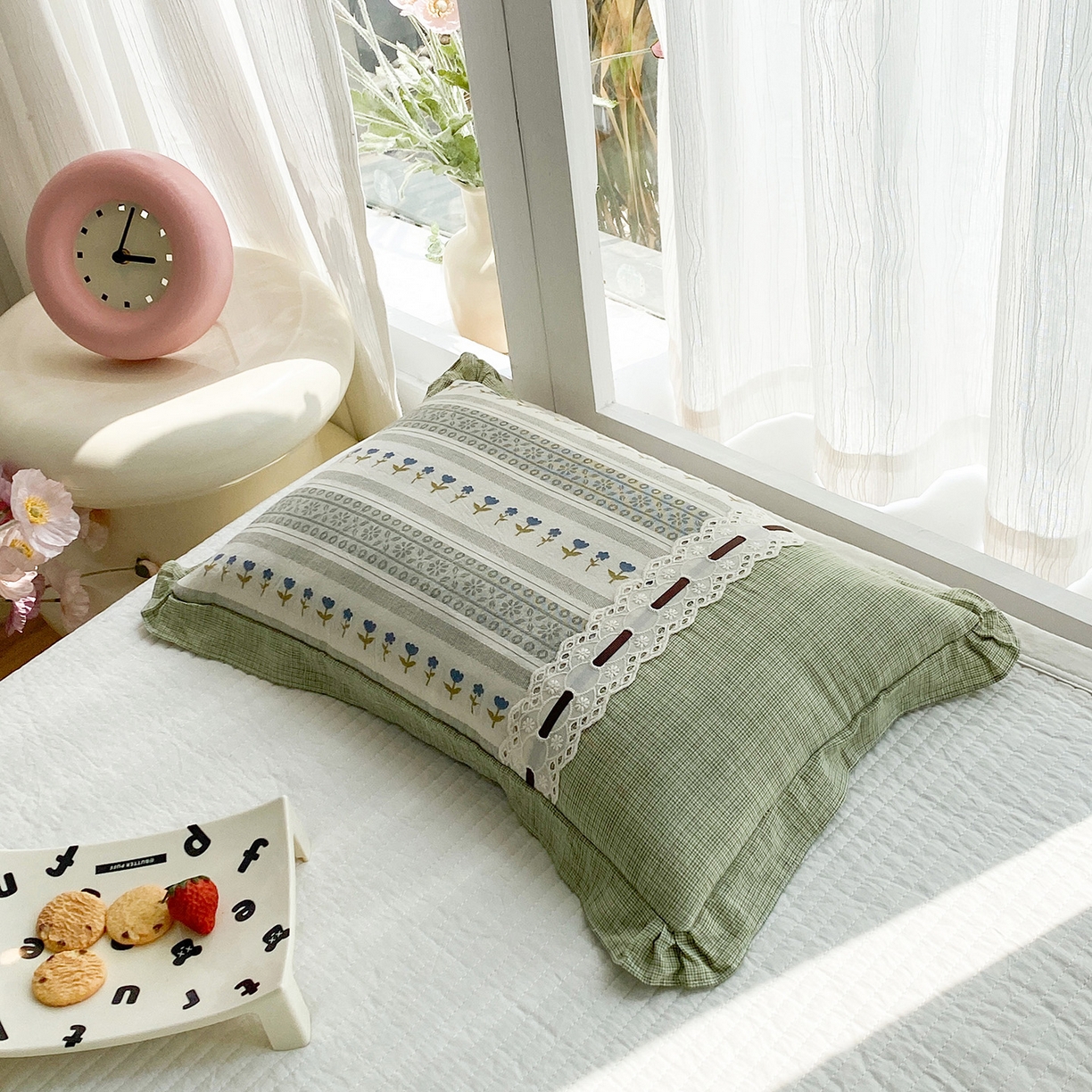 91家纺网 家纺一手货源 找家纺 梦叶草 2026新款全棉双层纱花边荞麦枕公主风荞麦枕头 全棉双层纱公主风荞麦枕-绿色