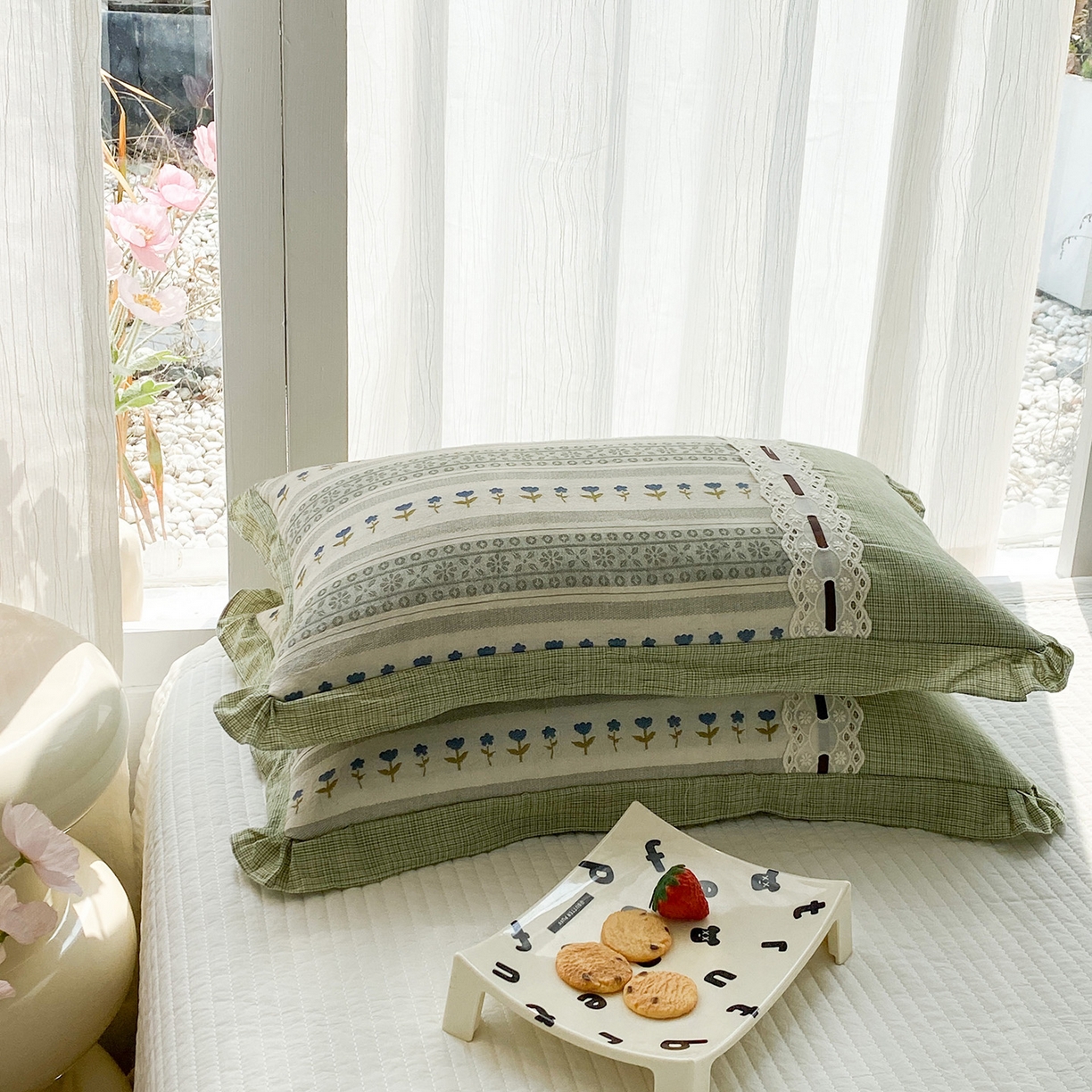 91家纺网 家纺一手货源 找家纺 梦叶草 2026新款全棉双层纱花边荞麦枕公主风荞麦枕头 全棉双层纱公主风荞麦枕-绿色