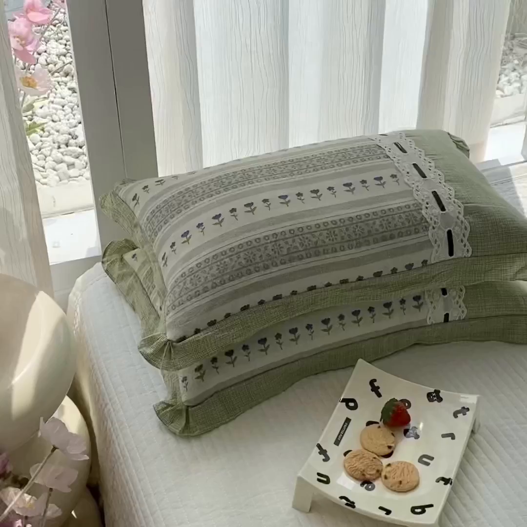 91家纺网 家纺一手货源 找家纺 梦叶草 2026新款全棉双层纱花边荞麦枕公主风荞麦枕头 全棉双层纱公主风荞麦枕-绿色