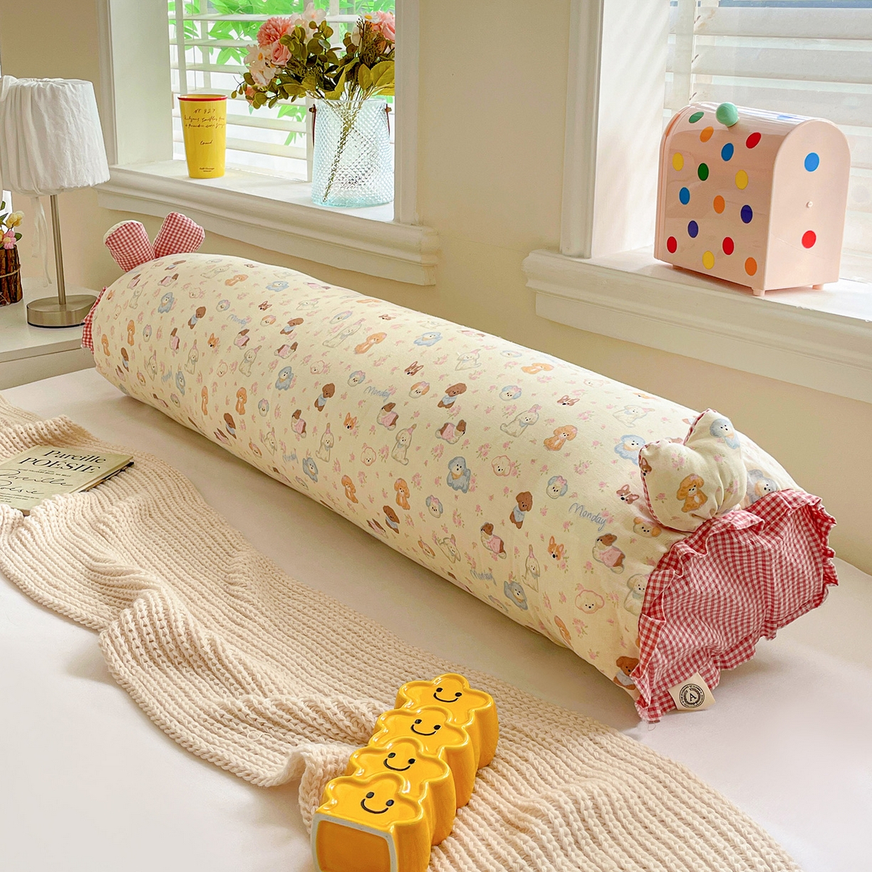 91家纺网 家纺一手货源 找家纺 梦叶草 2026新款全棉双层纱双人枕加大情侣双人枕头兔耳抱枕 萌趣狗狗-粉