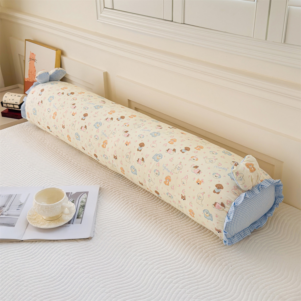 91家纺网 家纺一手货源 找家纺 梦叶草 2026新款全棉双层纱双人枕加大情侣双人枕头兔耳抱枕 萌趣狗狗-蓝