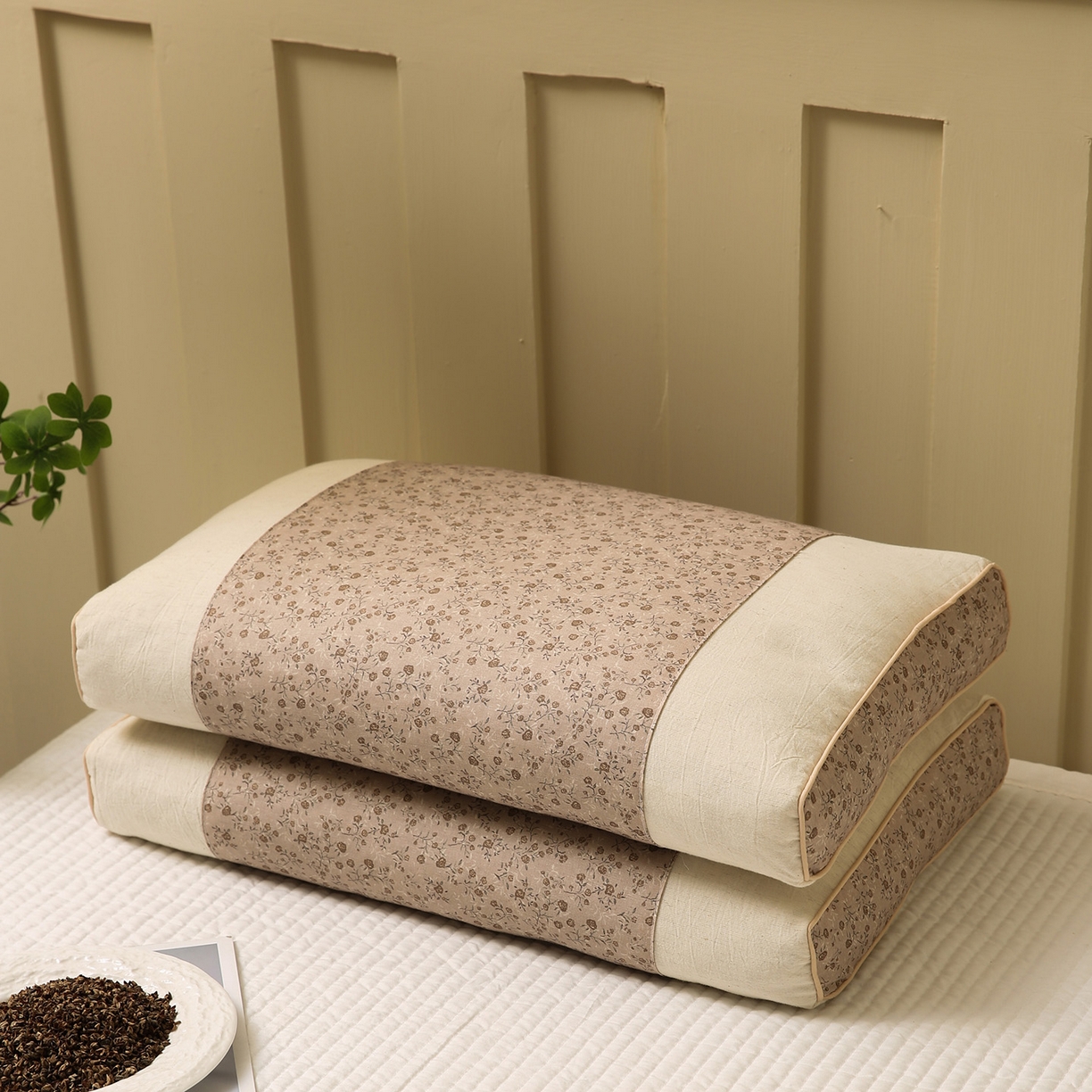 91家纺网 家纺一手货源 找家纺 梦叶草 2026新款全棉小碎花宫廷荞麦枕头枕芯 宫廷荞麦枕-小碎花咖