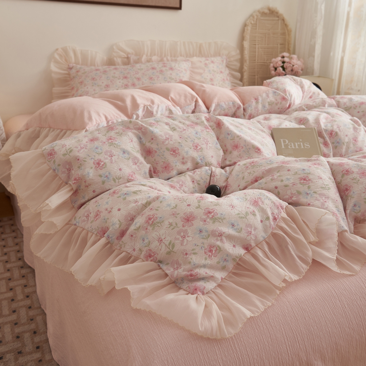 91家纺网 家纺一手货源 找家纺 晨曦家纺 2026新款全棉双层纱夏被四件套复古纯棉中国风夏凉被 蓝铃花语