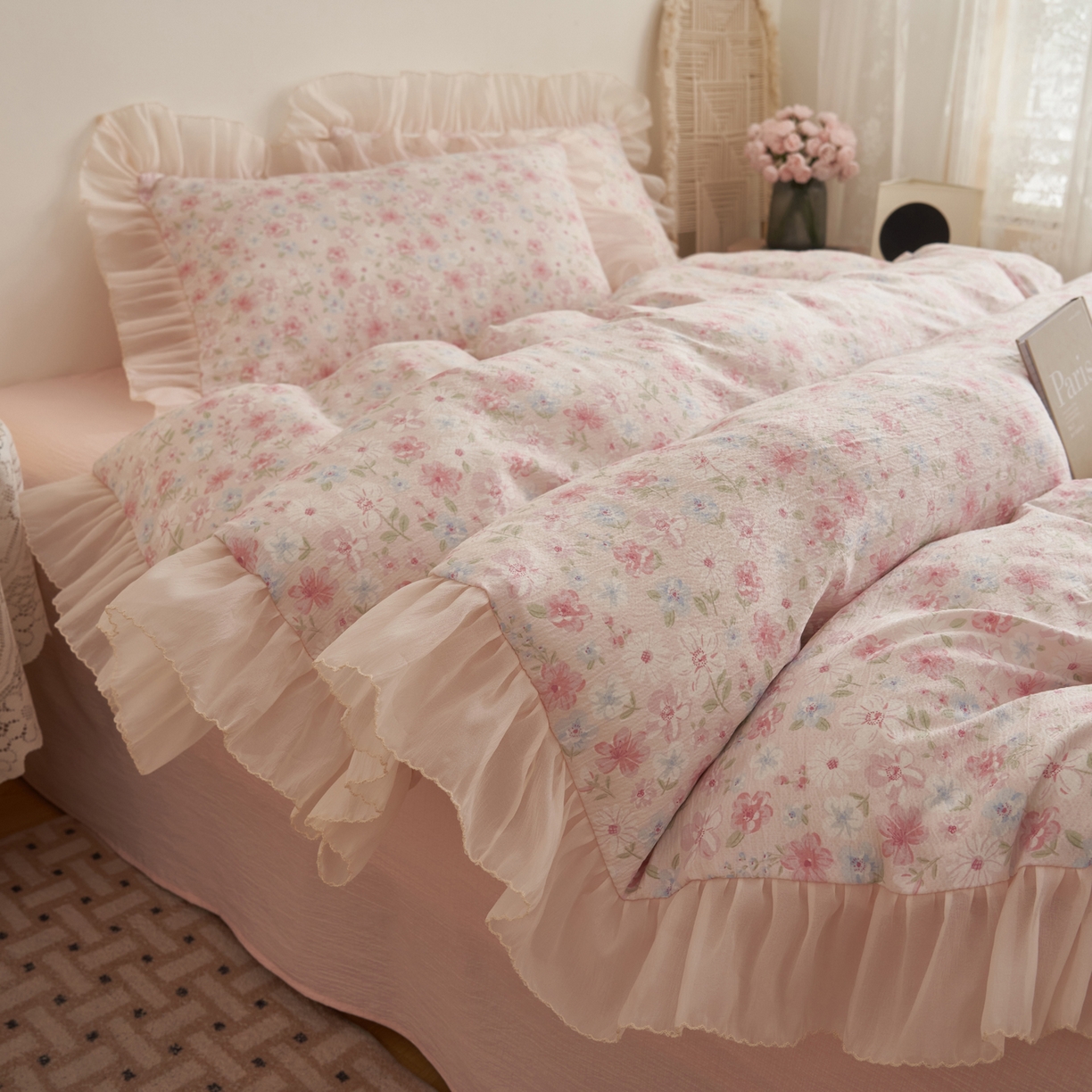 91家纺网 家纺一手货源 找家纺 （总）晨曦家纺 2026春夏新款皱雾纱泡芙纱水洗少女ins风韩版四件套