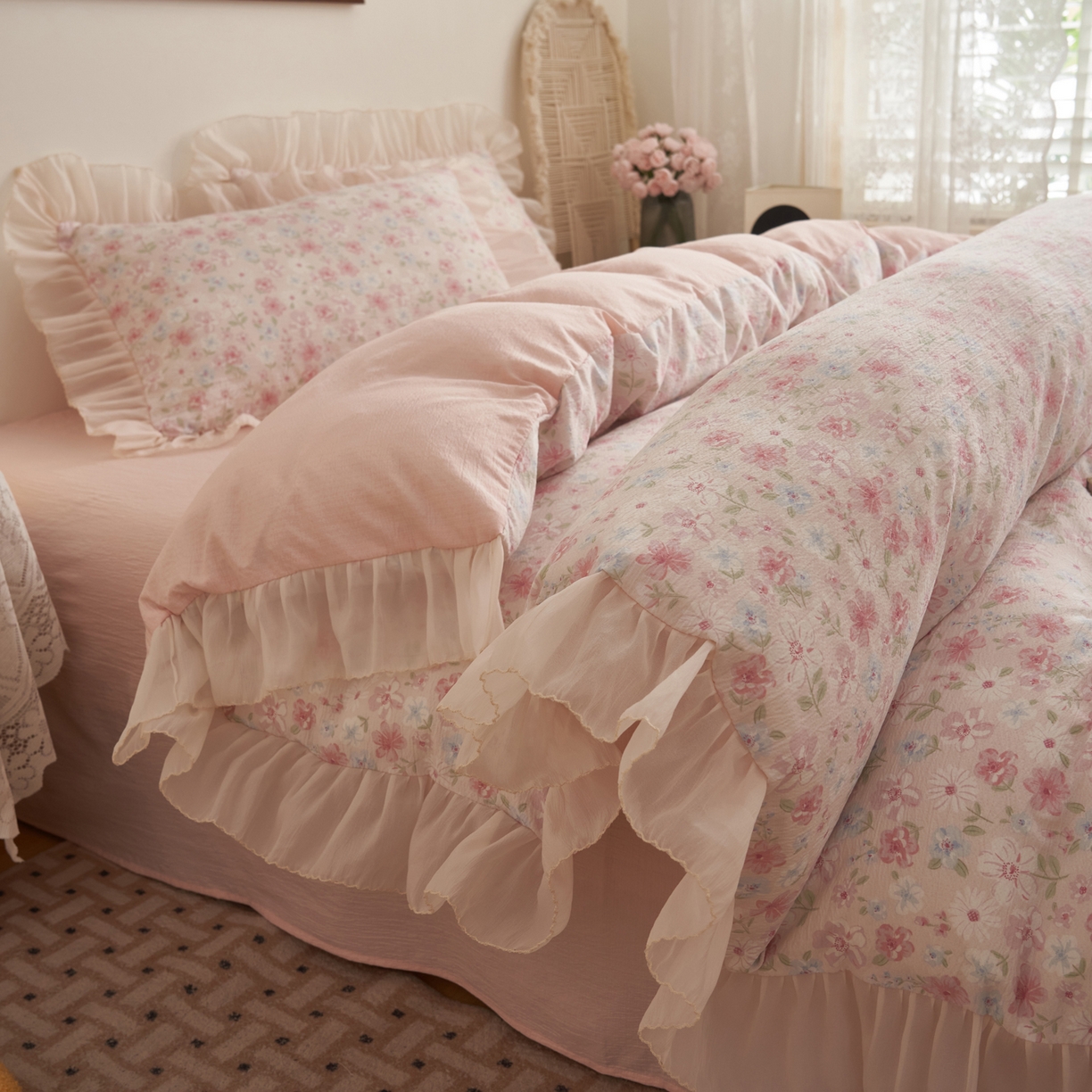 91家纺网 家纺一手货源 找家纺 （总）晨曦家纺 2026春夏新款皱雾纱泡芙纱水洗少女ins风韩版四件套