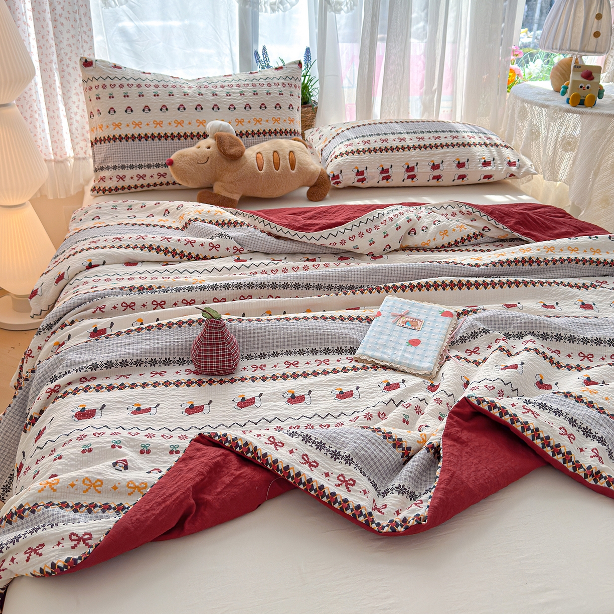 晚爱家纺（原晚安家居） 2026新款泡芙棉夏被双层纱泡泡纱空调被小清新夏凉被 费尔岛小狗