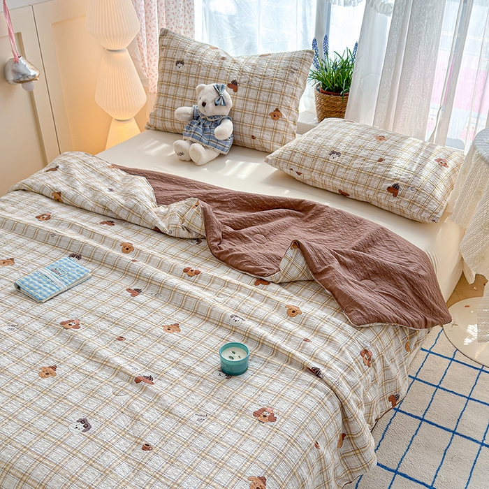 91家纺网 家纺一手货源 找家纺 晚爱家纺（原晚安家居） 2026新款泡芙棉夏被双层纱泡泡纱空调被小清新夏凉被 格纹狗