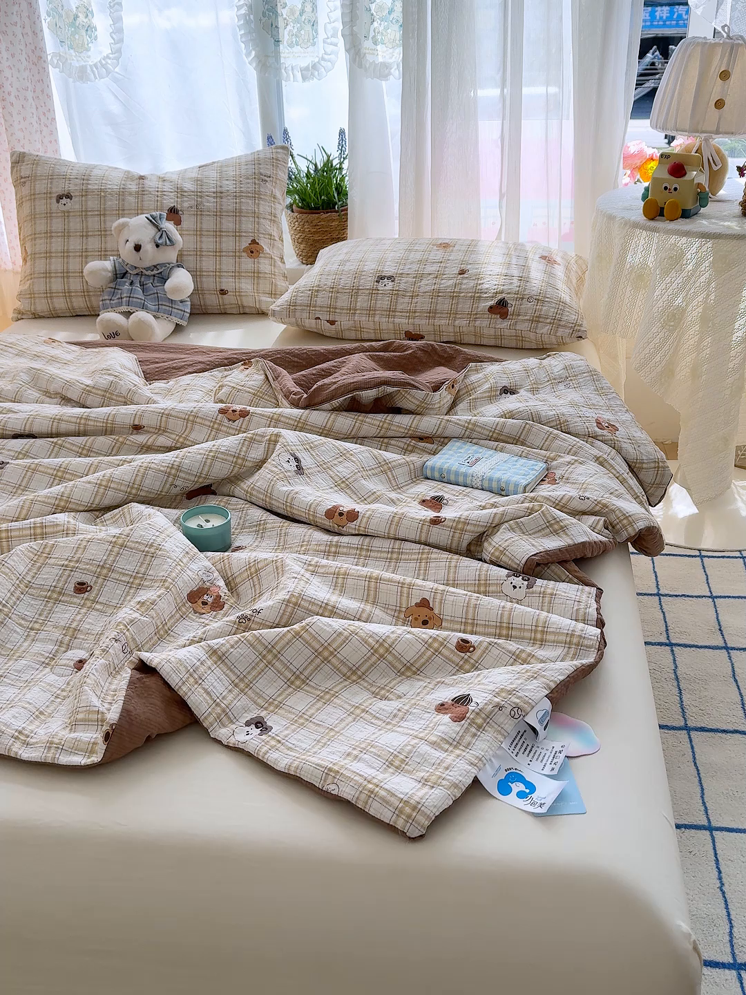 91家纺网 家纺一手货源 找家纺 晚爱家纺（原晚安家居） 2026新款泡芙棉夏被双层纱泡泡纱空调被小清新夏凉被 格纹狗