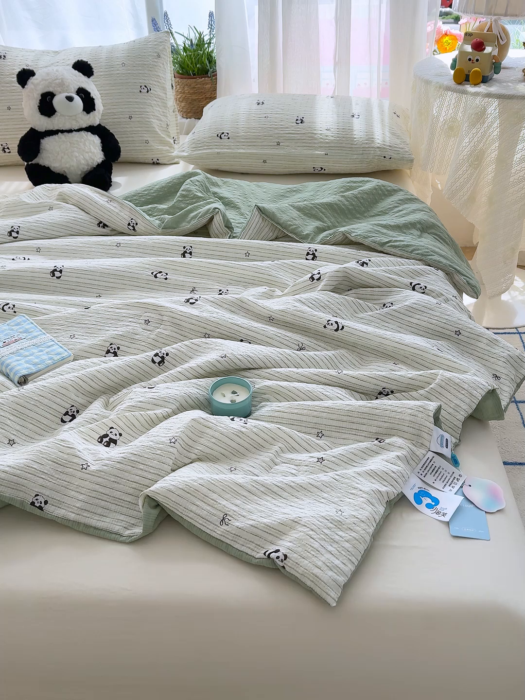 91家纺网 家纺一手货源 找家纺 晚爱家纺（原晚安家居） 2026新款泡芙棉夏被双层纱泡泡纱空调被小清新夏凉被 大熊猫