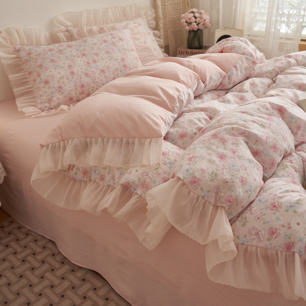 91家纺网 家纺一手货源 找家纺 晨曦家纺 2026春夏新款皱雾纱泡芙纱水洗少女ins风韩版四件套 奶油花篱