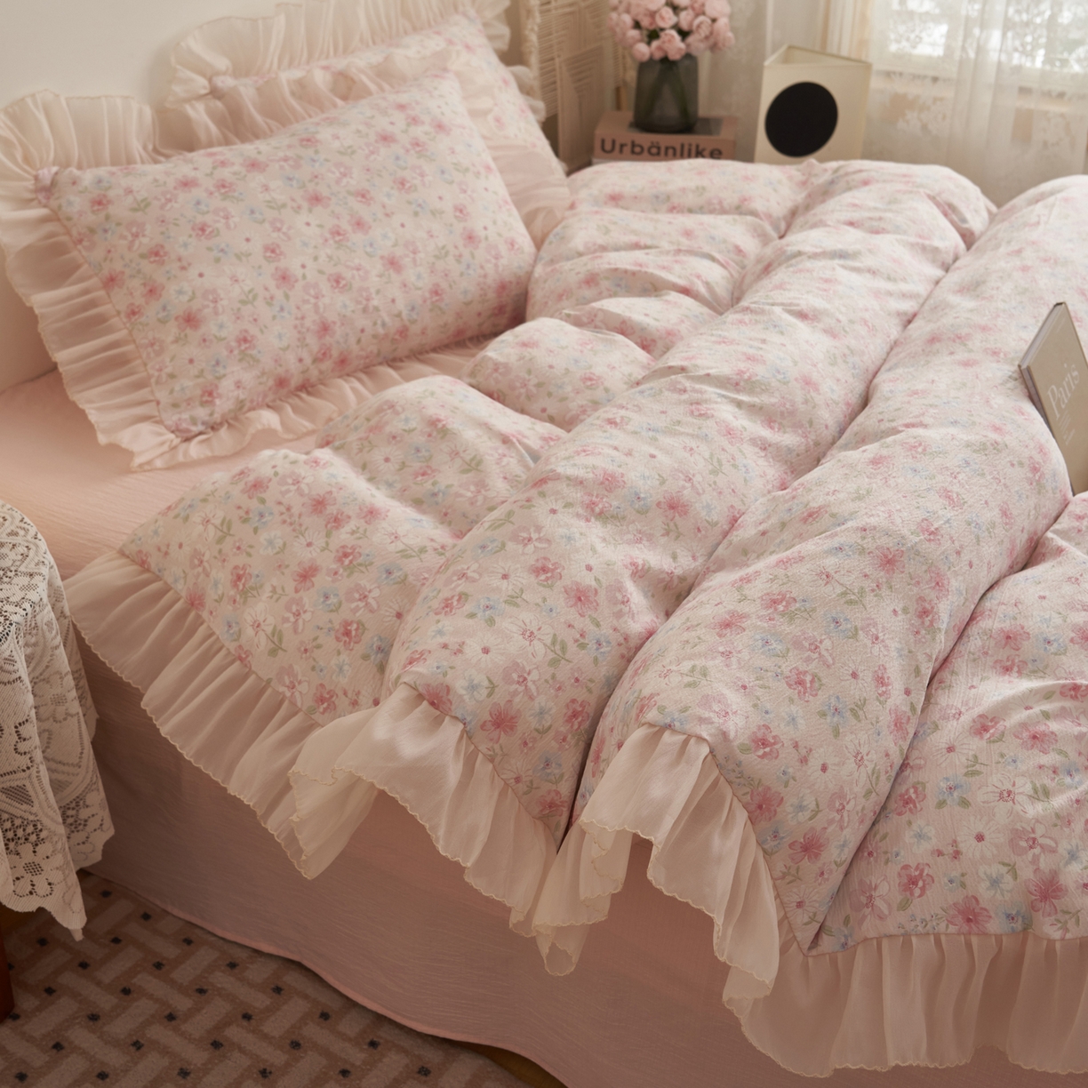 91家纺网 家纺一手货源 找家纺 晨曦家纺 2026春夏新款皱雾纱泡芙纱水洗少女ins风韩版四件套 奶油花篱