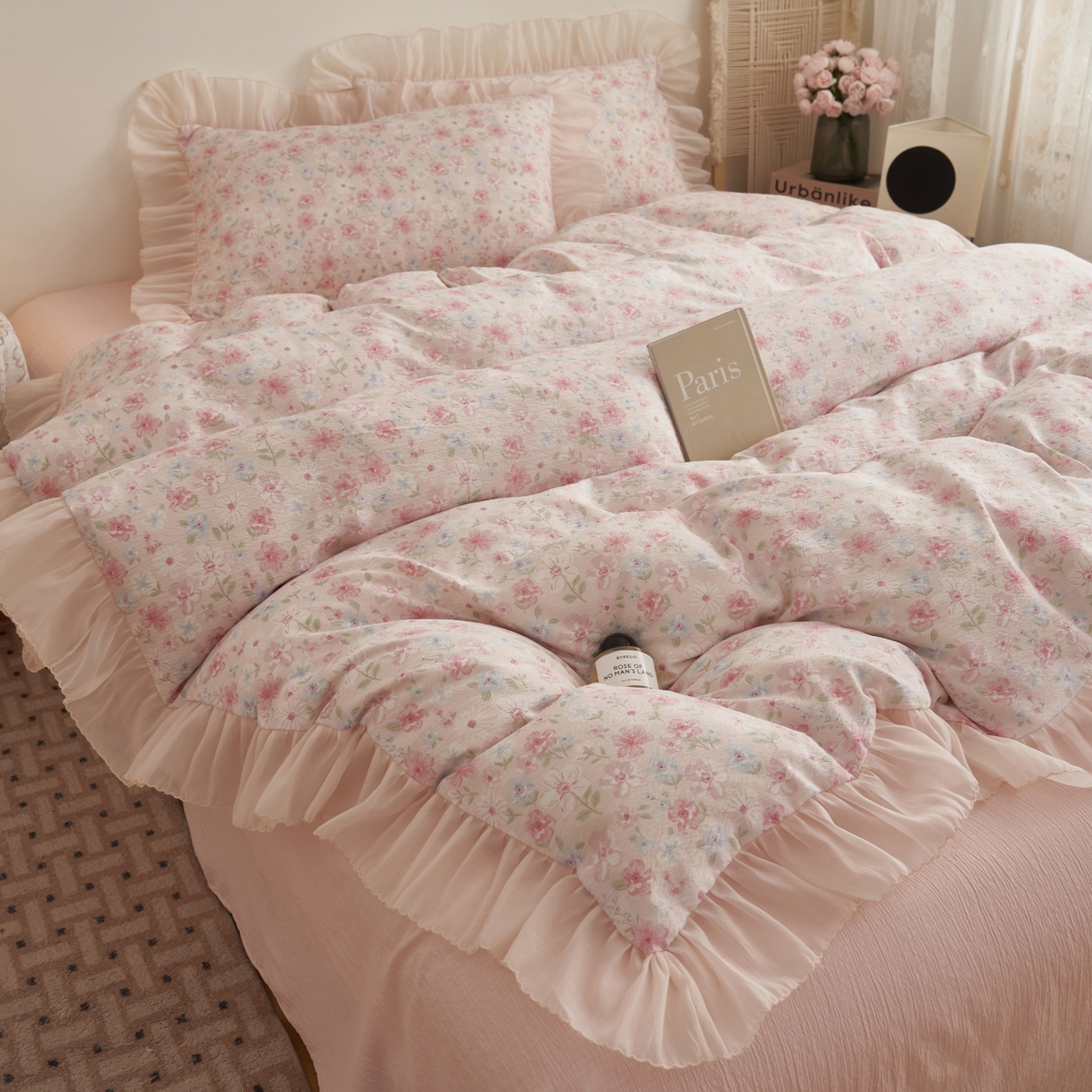 91家纺网 家纺一手货源 找家纺 晨曦家纺 2026春夏新款皱雾纱泡芙纱水洗少女ins风韩版四件套 奶油花篱