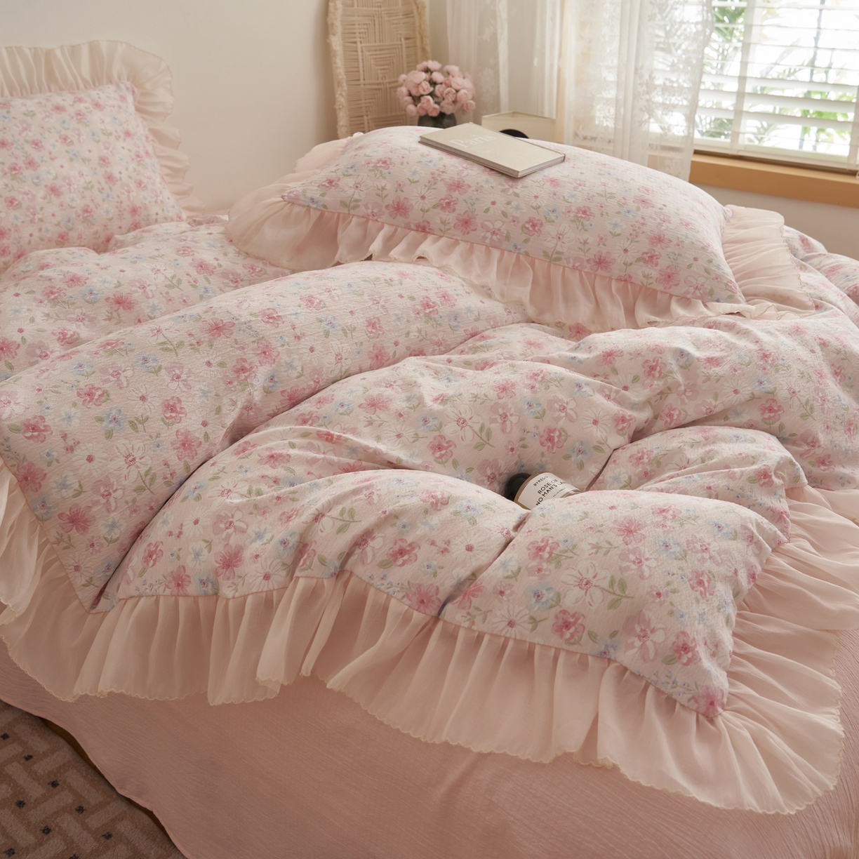 91家纺网 家纺一手货源 找家纺 晨曦家纺 2026春夏新款皱雾纱泡芙纱水洗少女ins风韩版四件套 奶油花篱