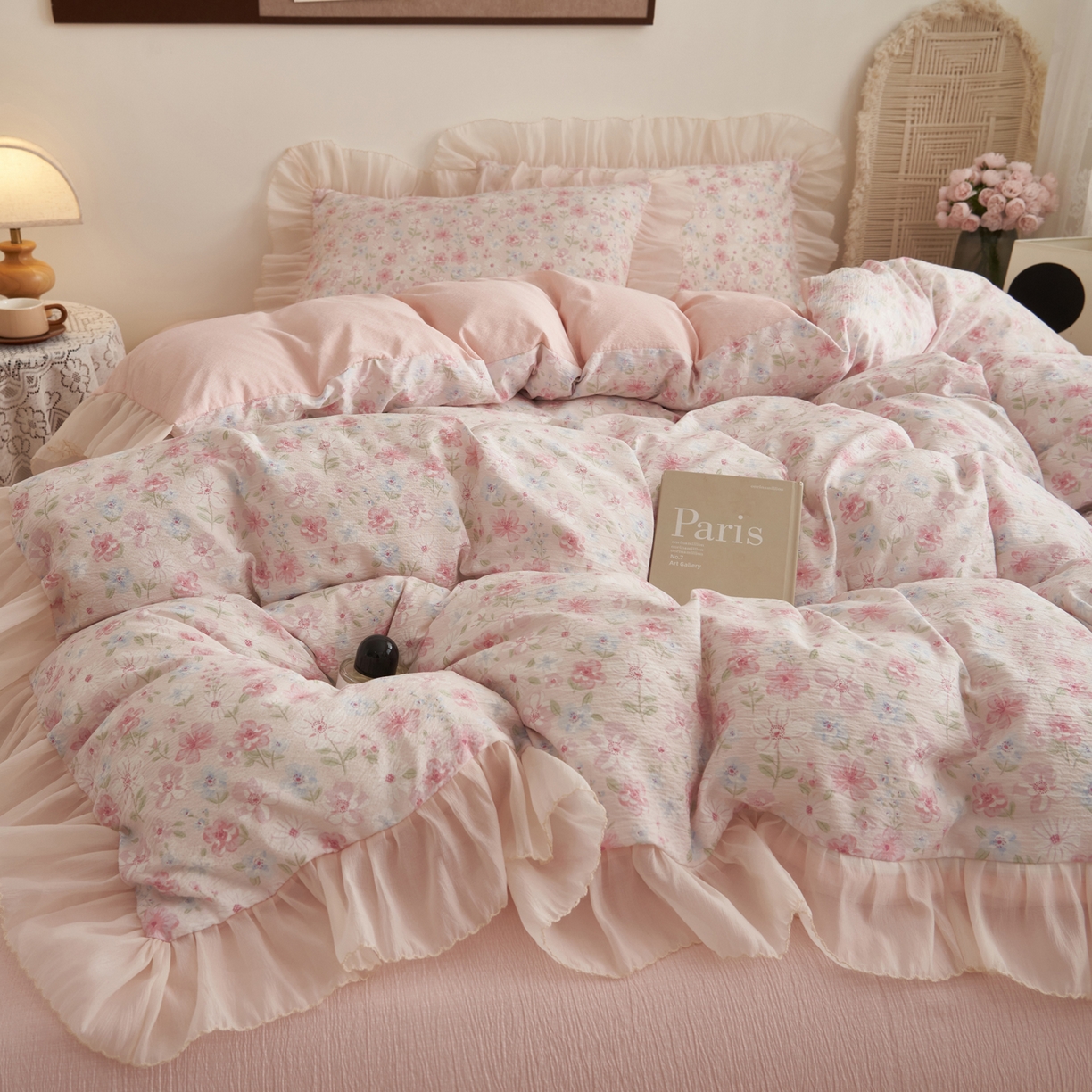 91家纺网 家纺一手货源 找家纺 晨曦家纺 2026春夏新款皱雾纱泡芙纱水洗少女ins风韩版四件套 奶油花篱