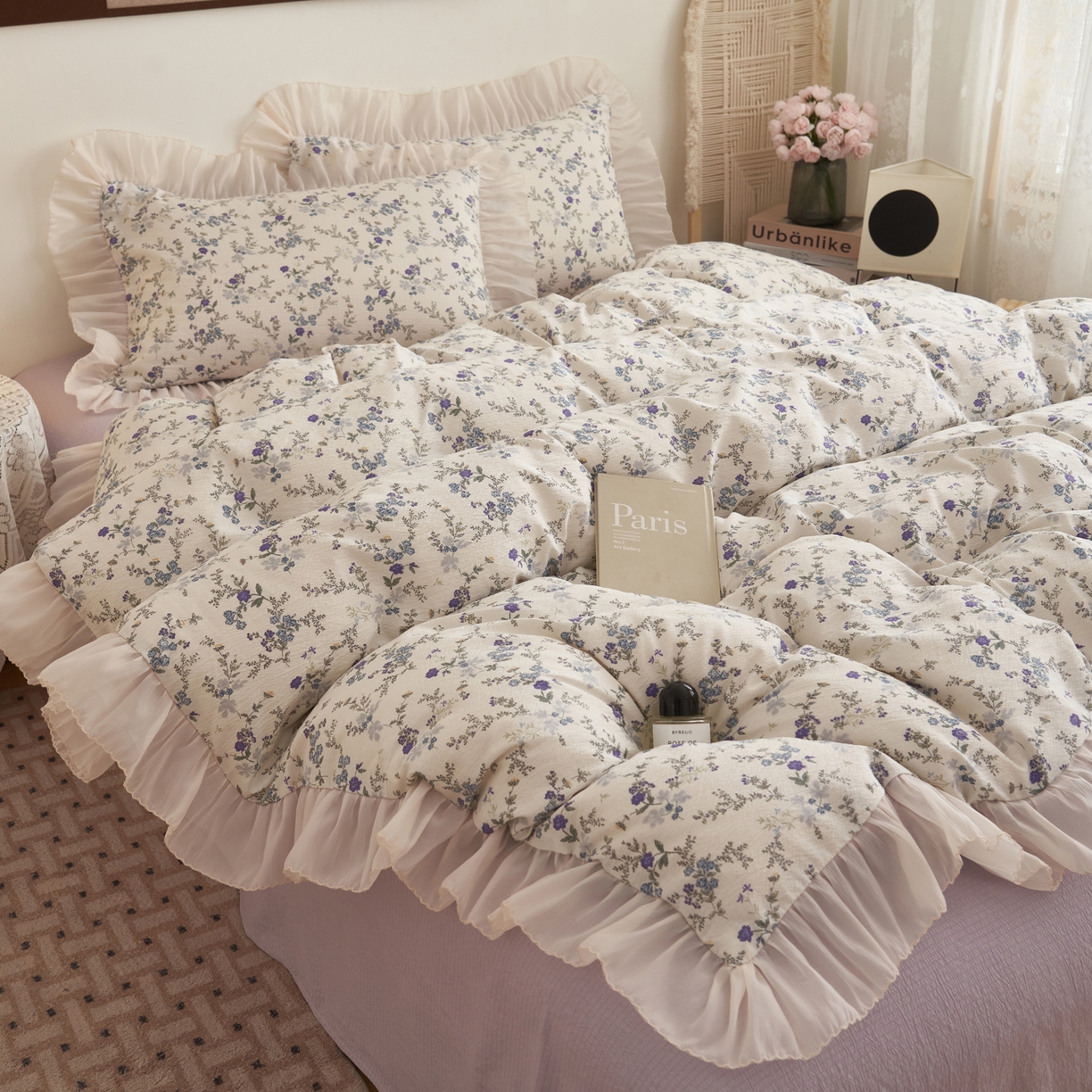 晨曦家纺 2026春夏新款皱雾纱泡芙纱水洗少女ins风韩版四件套 蓝花的信