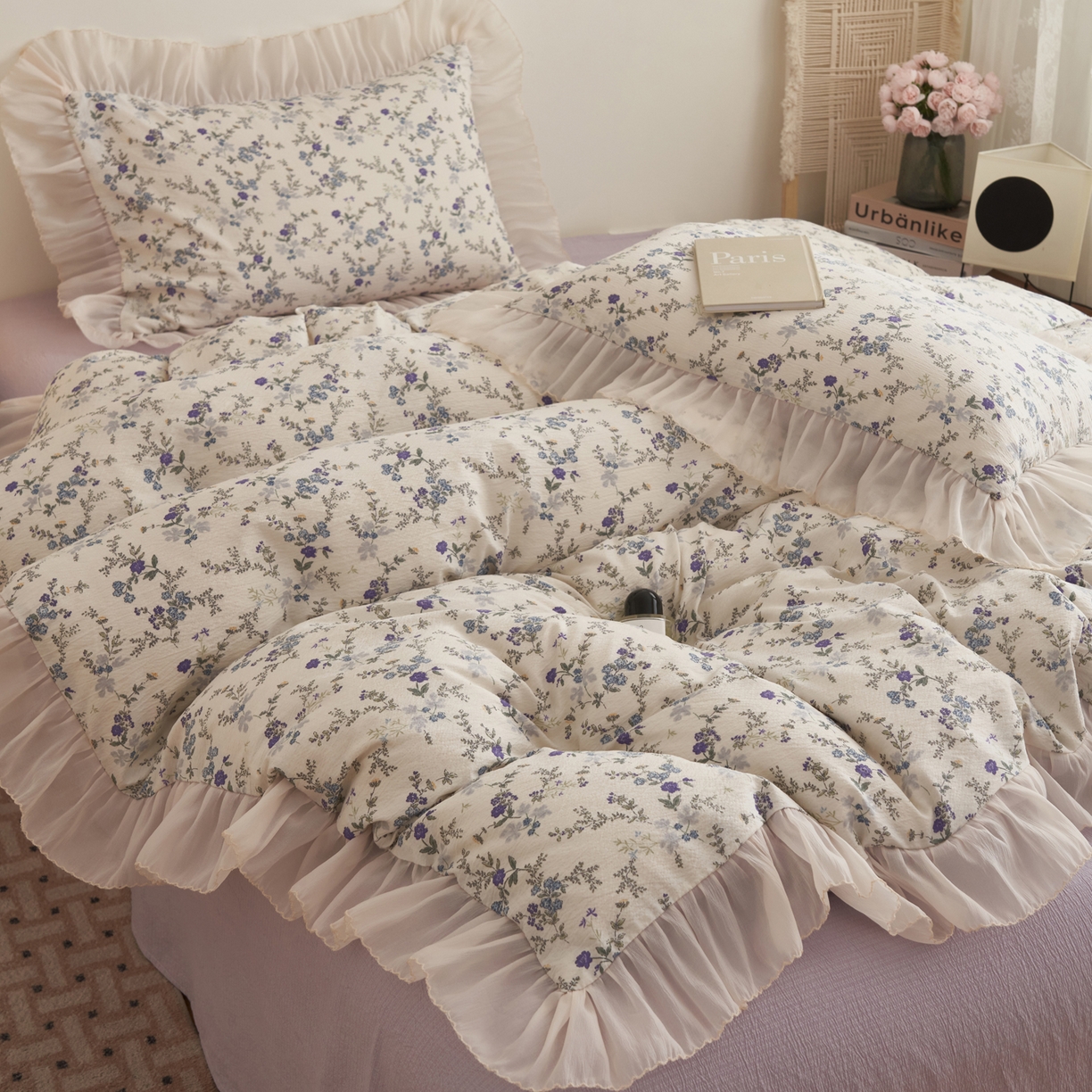 91家纺网 家纺一手货源 找家纺 晨曦家纺 2026春夏新款皱雾纱泡芙纱水洗少女ins风韩版四件套 蓝花的信