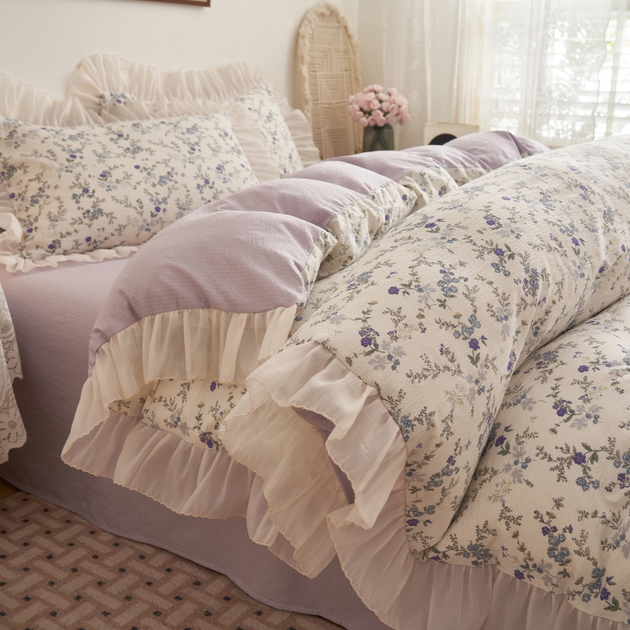 91家纺网 家纺一手货源 找家纺 晨曦家纺 2026春夏新款皱雾纱泡芙纱水洗少女ins风韩版四件套 蓝花的信