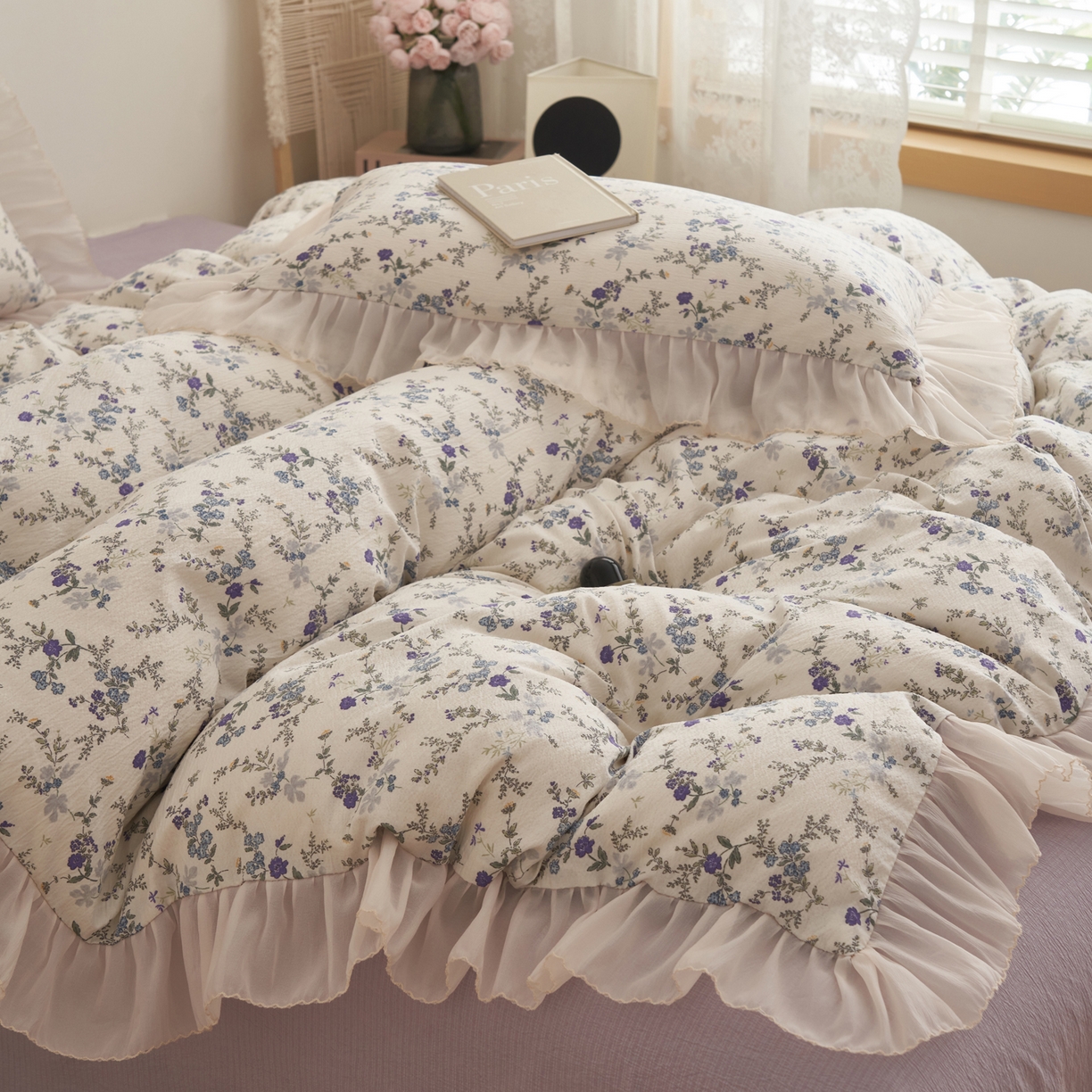 91家纺网 家纺一手货源 找家纺 晨曦家纺 2026春夏新款皱雾纱泡芙纱水洗少女ins风韩版四件套 蓝花的信