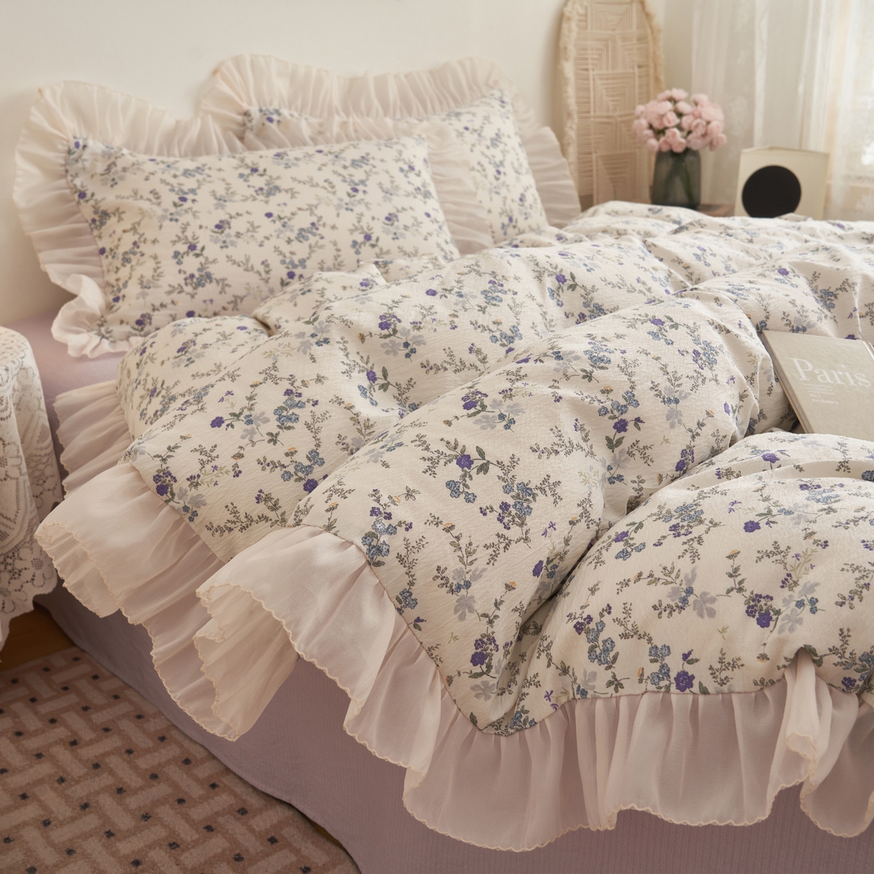 91家纺网 家纺一手货源 找家纺 晨曦家纺 2026春夏新款皱雾纱泡芙纱水洗少女ins风韩版四件套 蓝花的信