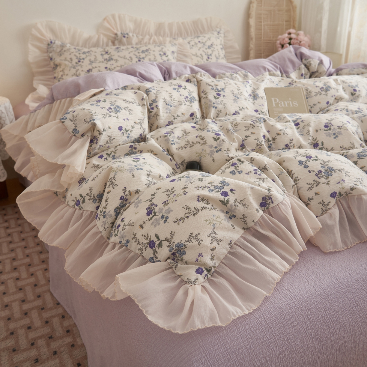 91家纺网 家纺一手货源 找家纺 晨曦家纺 2026春夏新款皱雾纱泡芙纱水洗少女ins风韩版四件套 蓝花的信