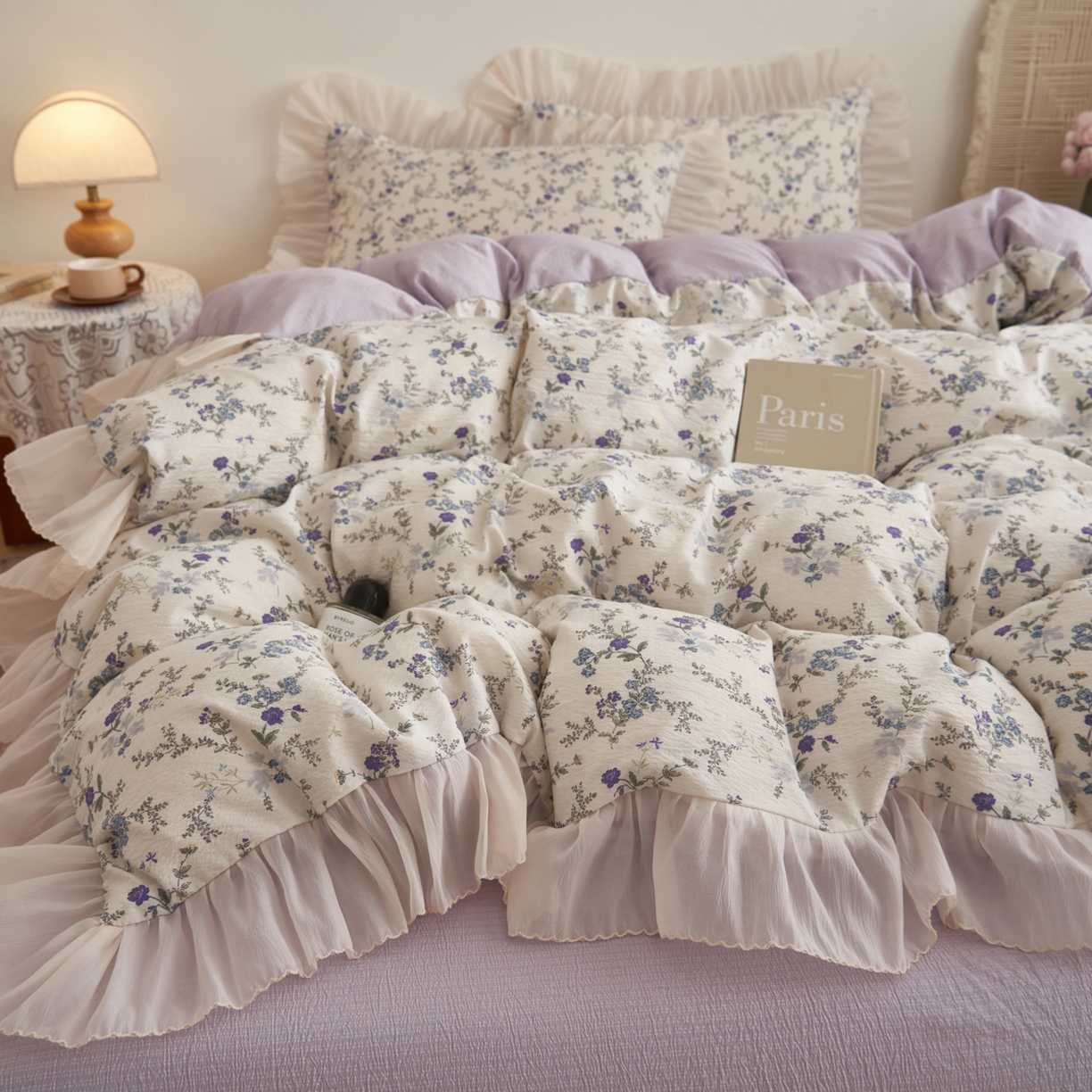 91家纺网 家纺一手货源 找家纺 晨曦家纺 2026春夏新款皱雾纱泡芙纱水洗少女ins风韩版四件套 蓝花的信