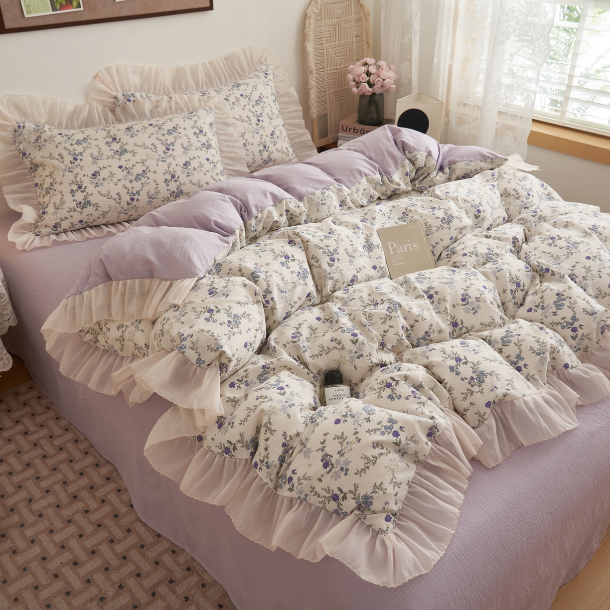 91家纺网 家纺一手货源 找家纺 晨曦家纺 2026春夏新款皱雾纱泡芙纱水洗少女ins风韩版四件套 蓝花的信