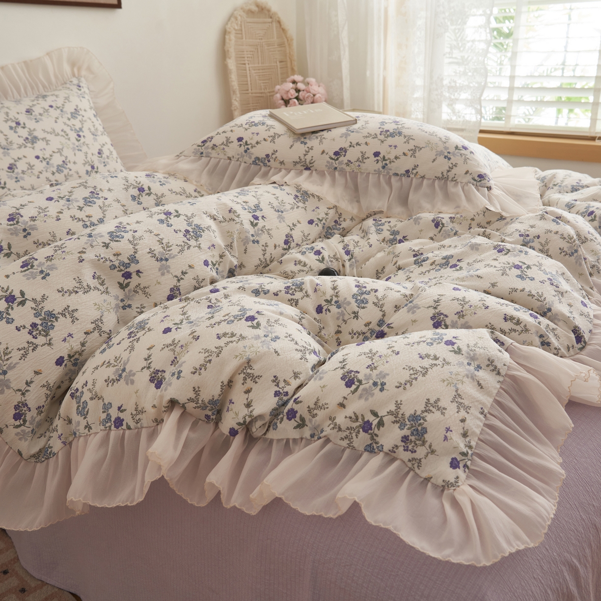 91家纺网 家纺一手货源 找家纺 晨曦家纺 2026春夏新款皱雾纱泡芙纱水洗少女ins风韩版四件套 蓝花的信