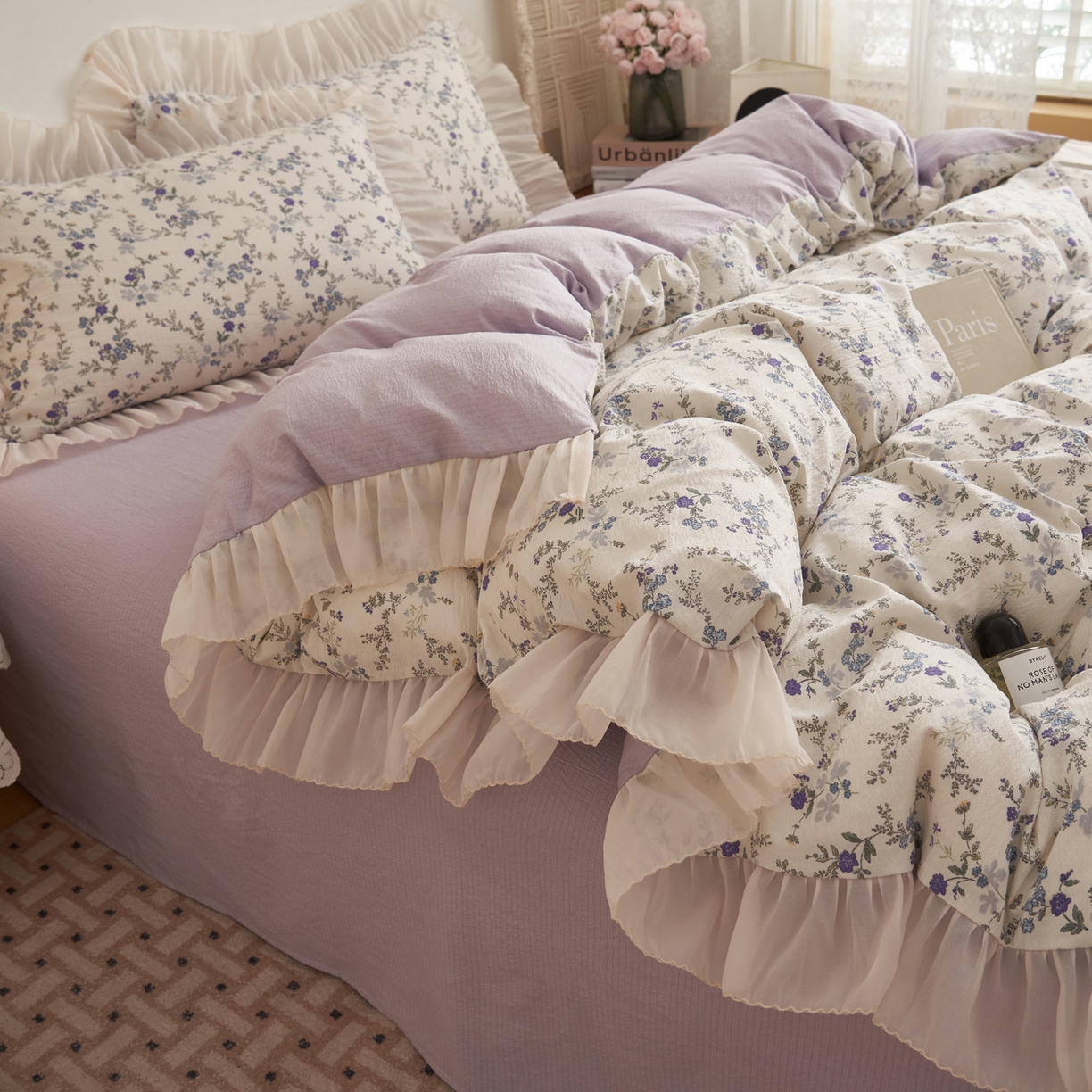 91家纺网 家纺一手货源 找家纺 晨曦家纺 2026春夏新款皱雾纱泡芙纱水洗少女ins风韩版四件套 蓝花的信