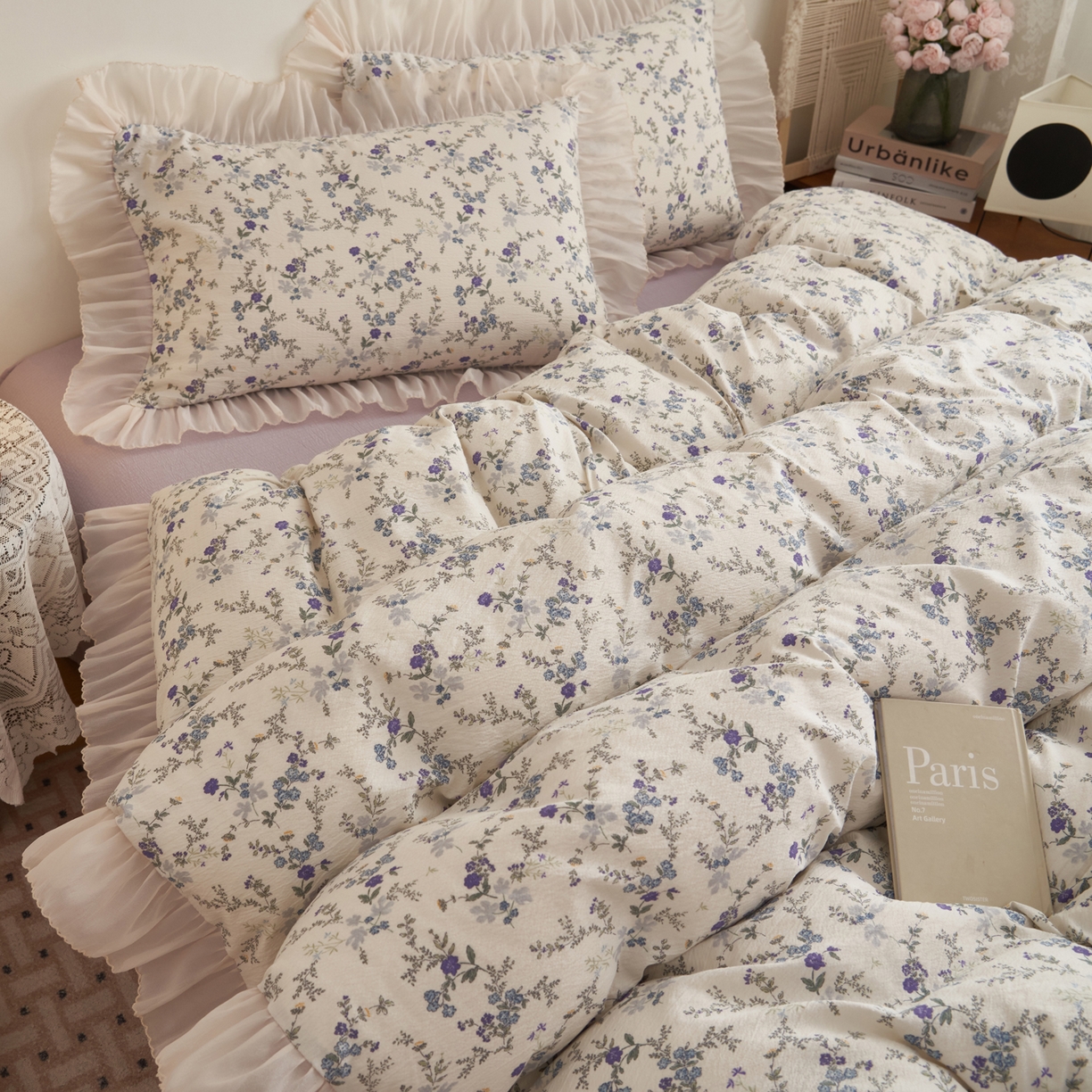 91家纺网 家纺一手货源 找家纺 晨曦家纺 2026春夏新款皱雾纱泡芙纱水洗少女ins风韩版四件套 蓝花的信