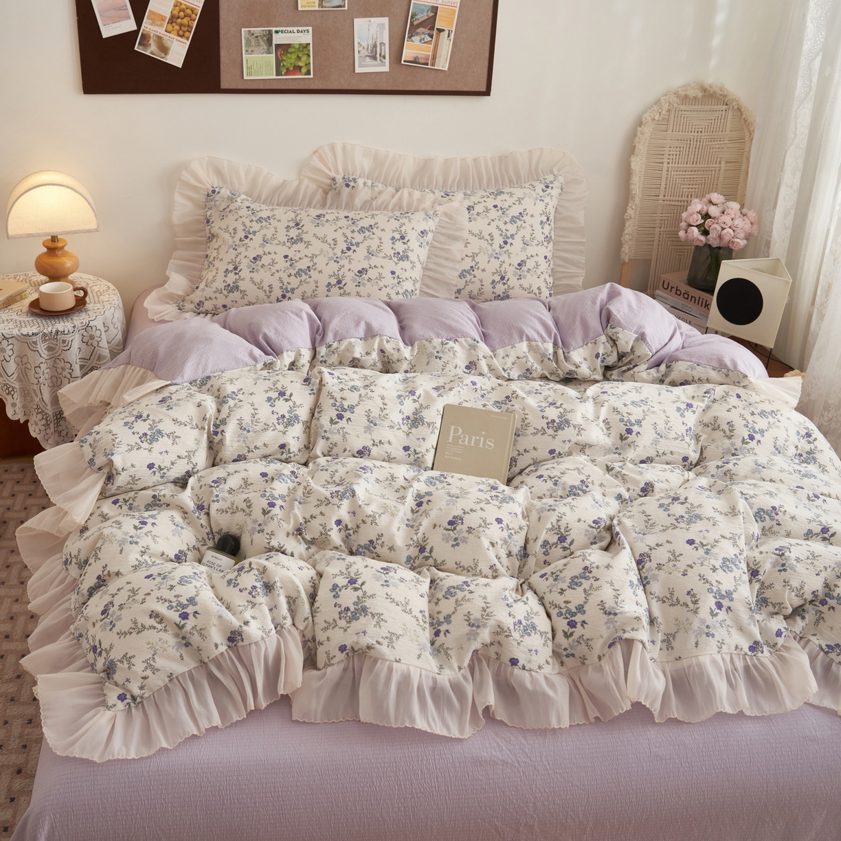 91家纺网 家纺一手货源 找家纺 晨曦家纺 2026春夏新款皱雾纱泡芙纱水洗少女ins风韩版四件套 蓝花的信